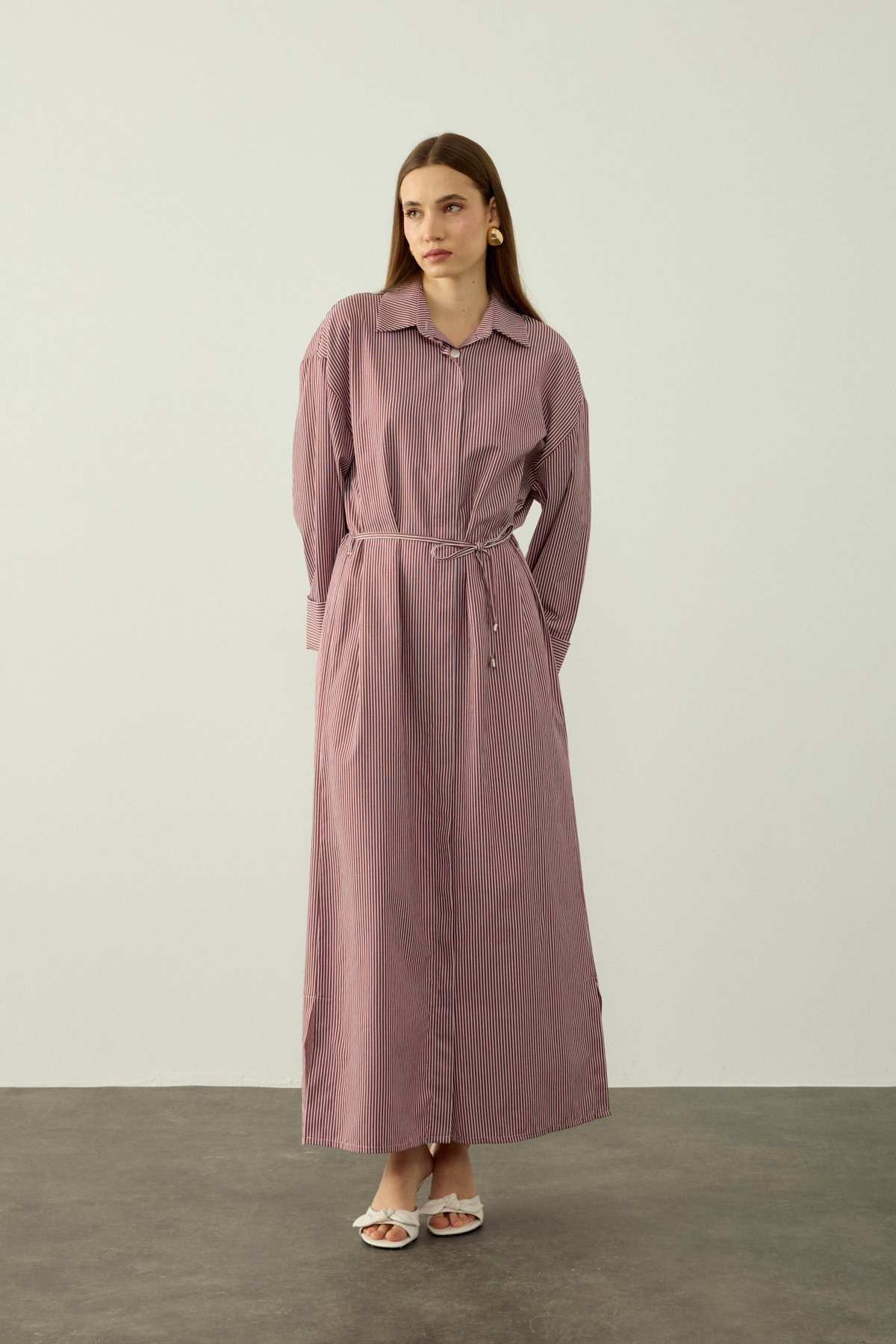 ÇİZGİLİ OVERSIZE POPLİN ELBİSE - KAHVE