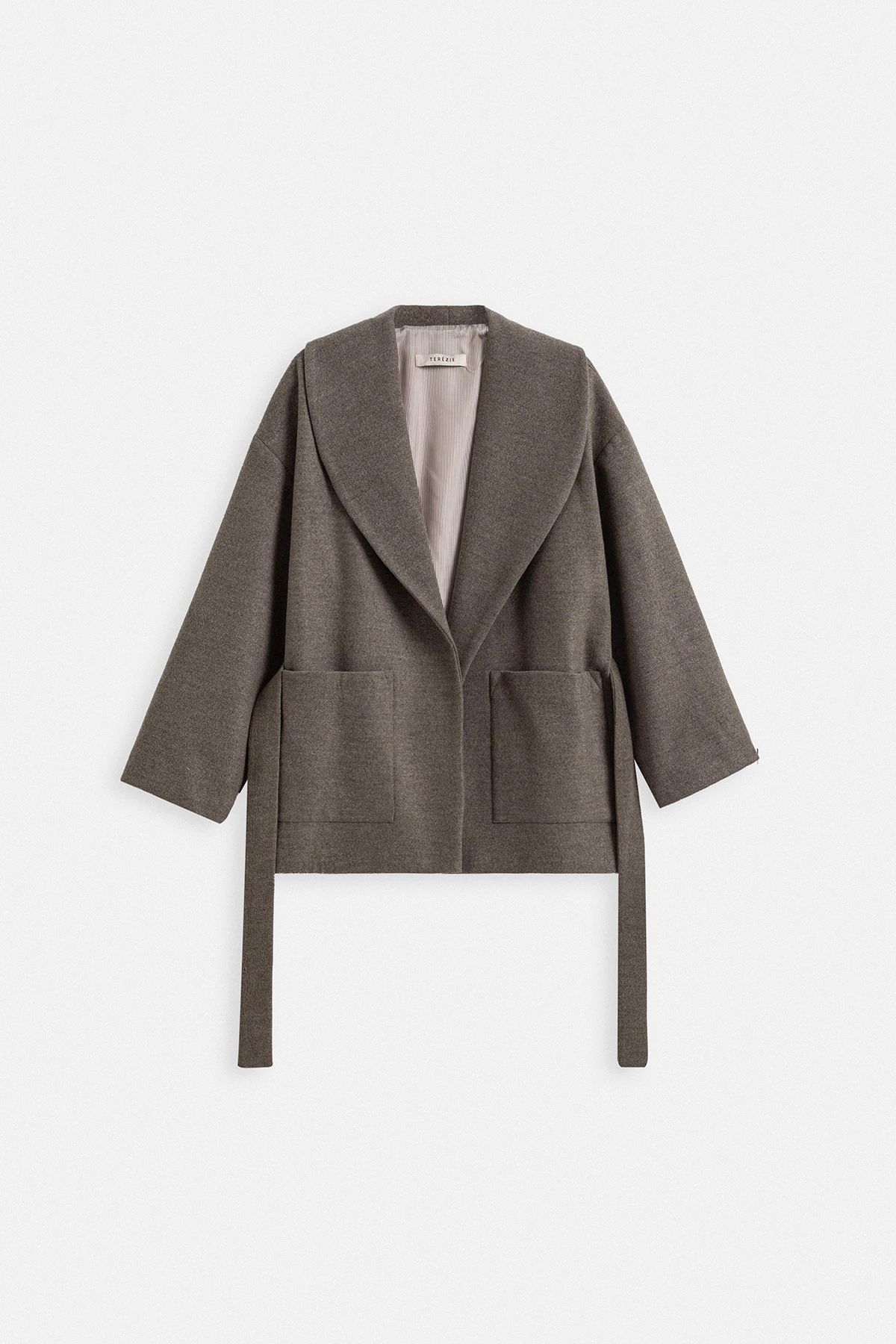 YÜN KARIŞIMLI OVERSIZE KISA KABAN - VİZON