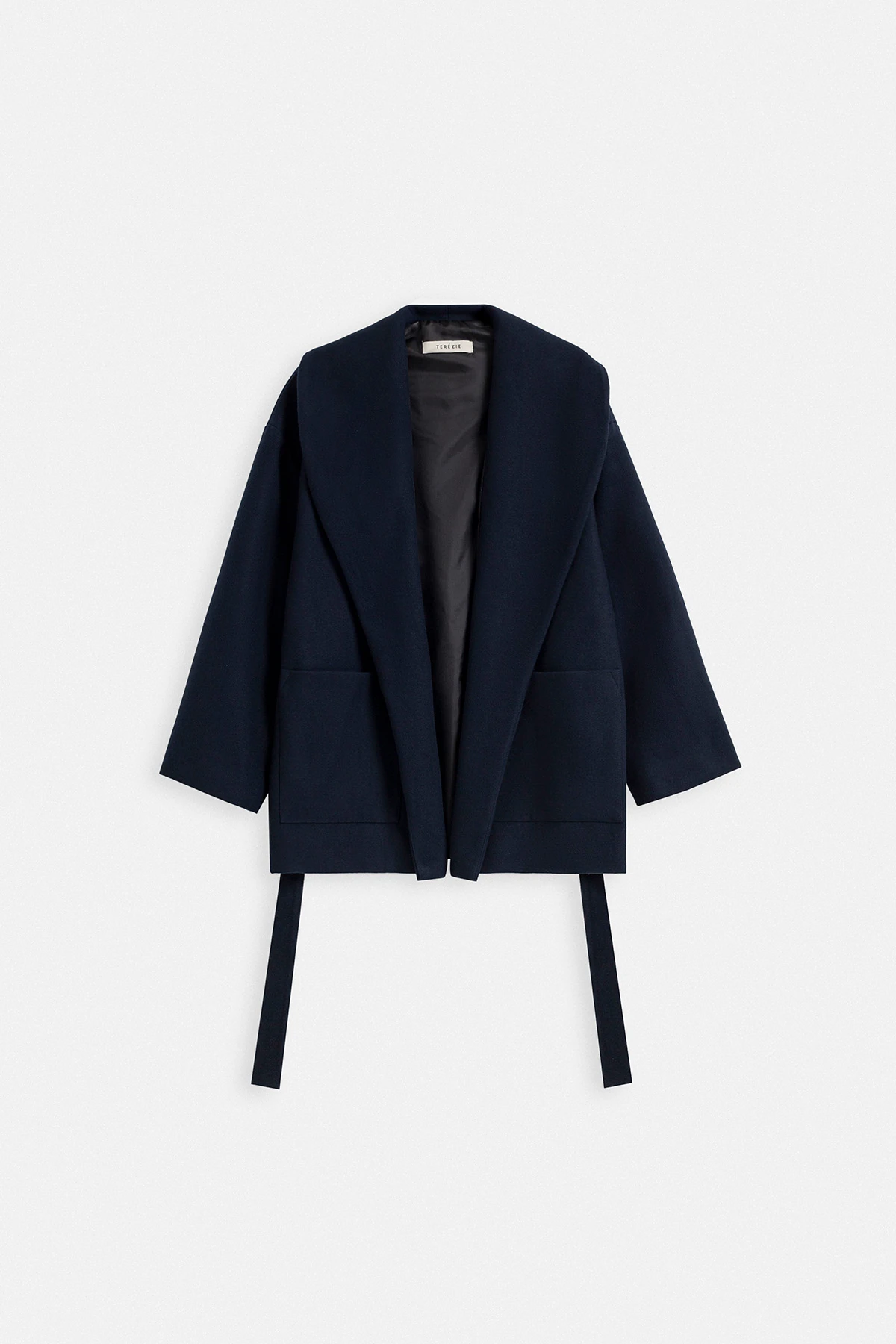 YÜN KARIŞIMLI OVERSIZE KISA KABAN - LACİVERT