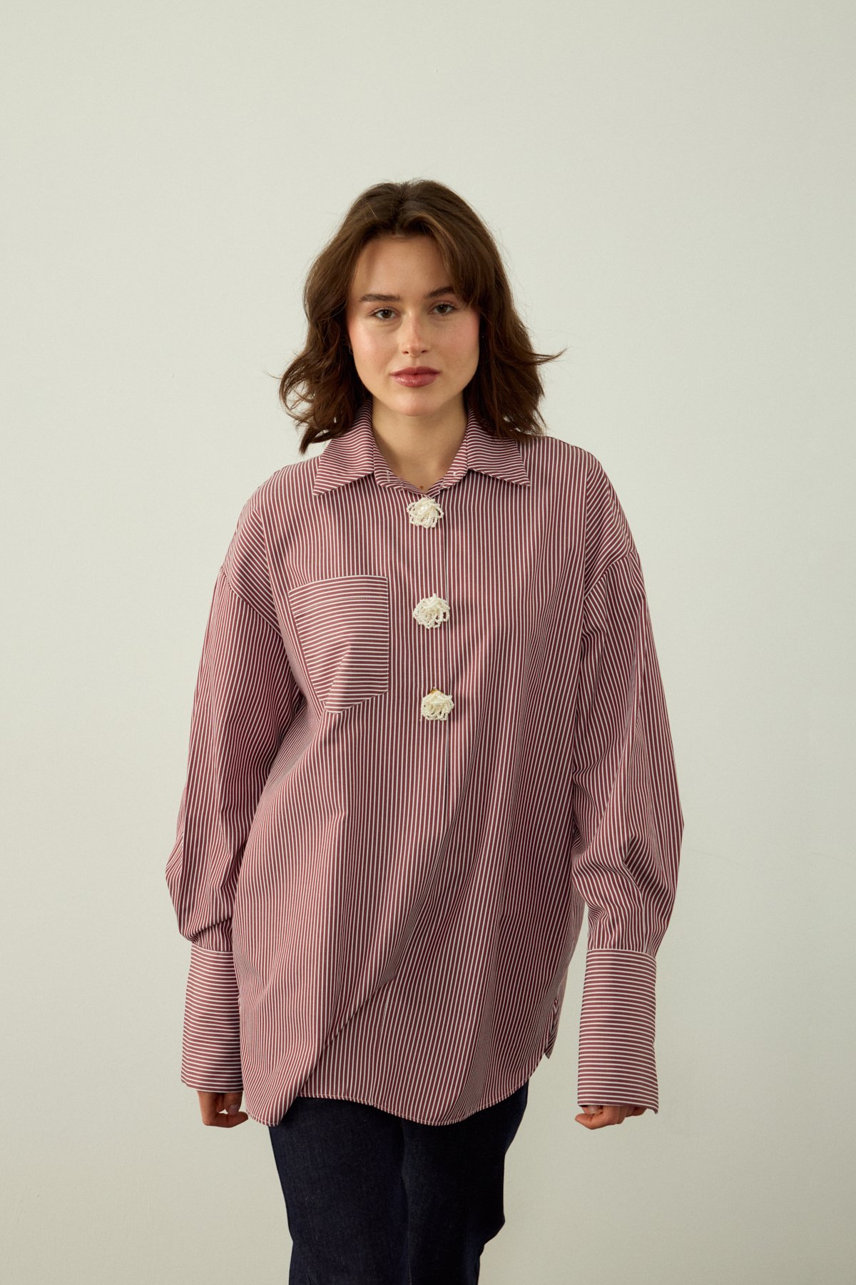 ÇİZGİLİ DÜĞME DETAYLI OVERSIZE POPLİN GÖMLEK - KAHVE