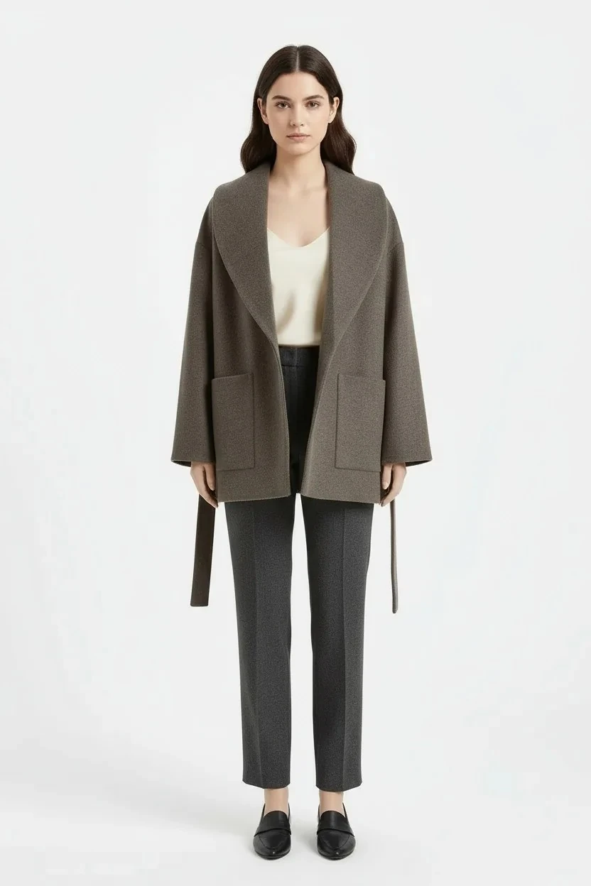 YÜN KARIŞIMLI OVERSIZE KISA KABAN - KAHVE