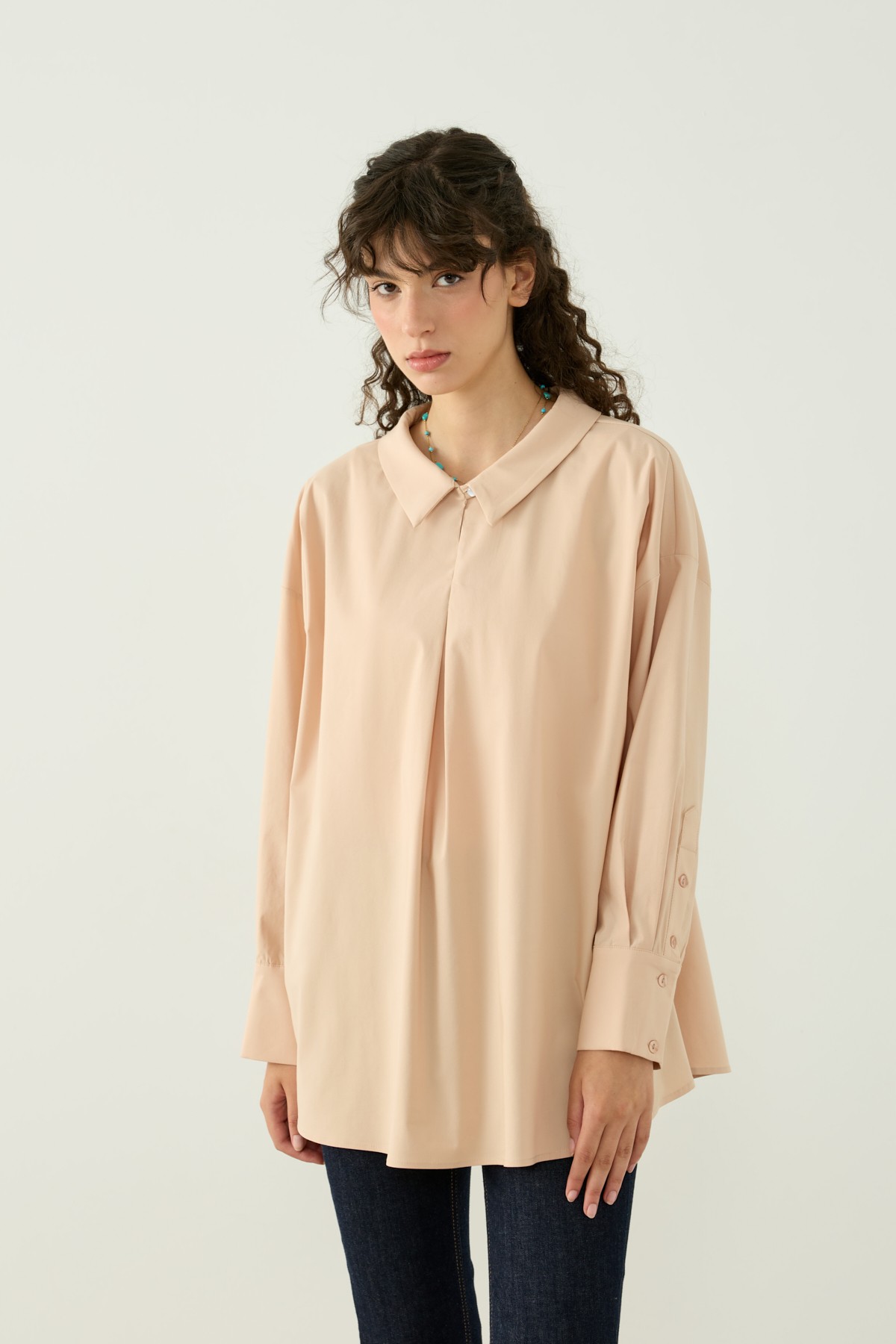 PİLE DETAYLI OVERSIZE GÖMLEK - BEJ
