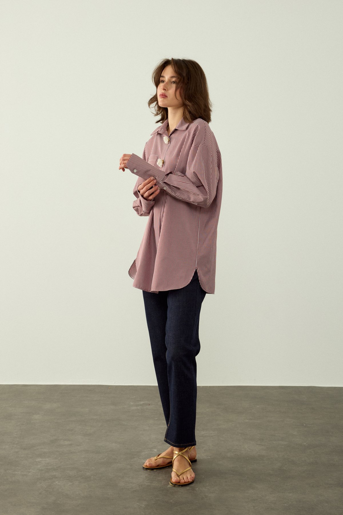 ÇİZGİLİ DÜĞME DETAYLI OVERSIZE POPLİN GÖMLEK - KAHVE