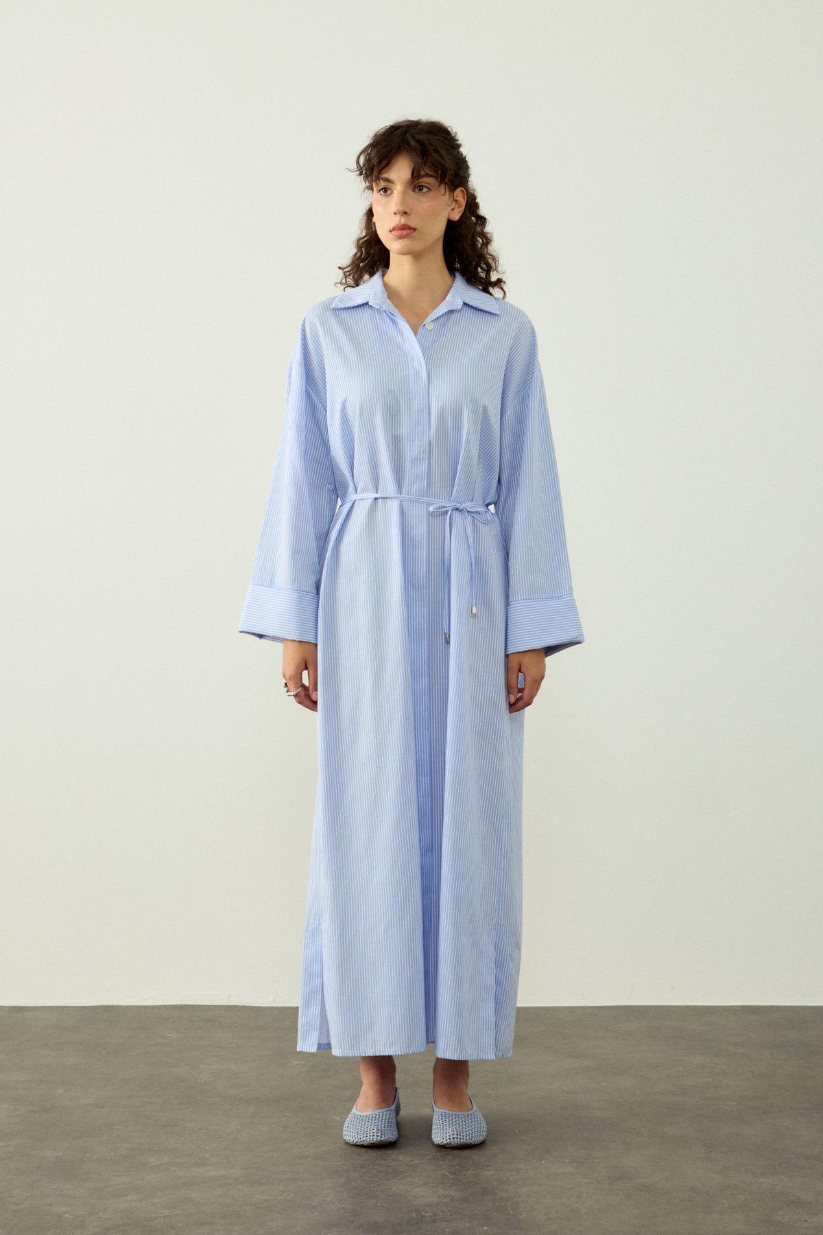 ÇİZGİLİ OVERSIZE POPLİN ELBİSE - AÇIK MAVİ