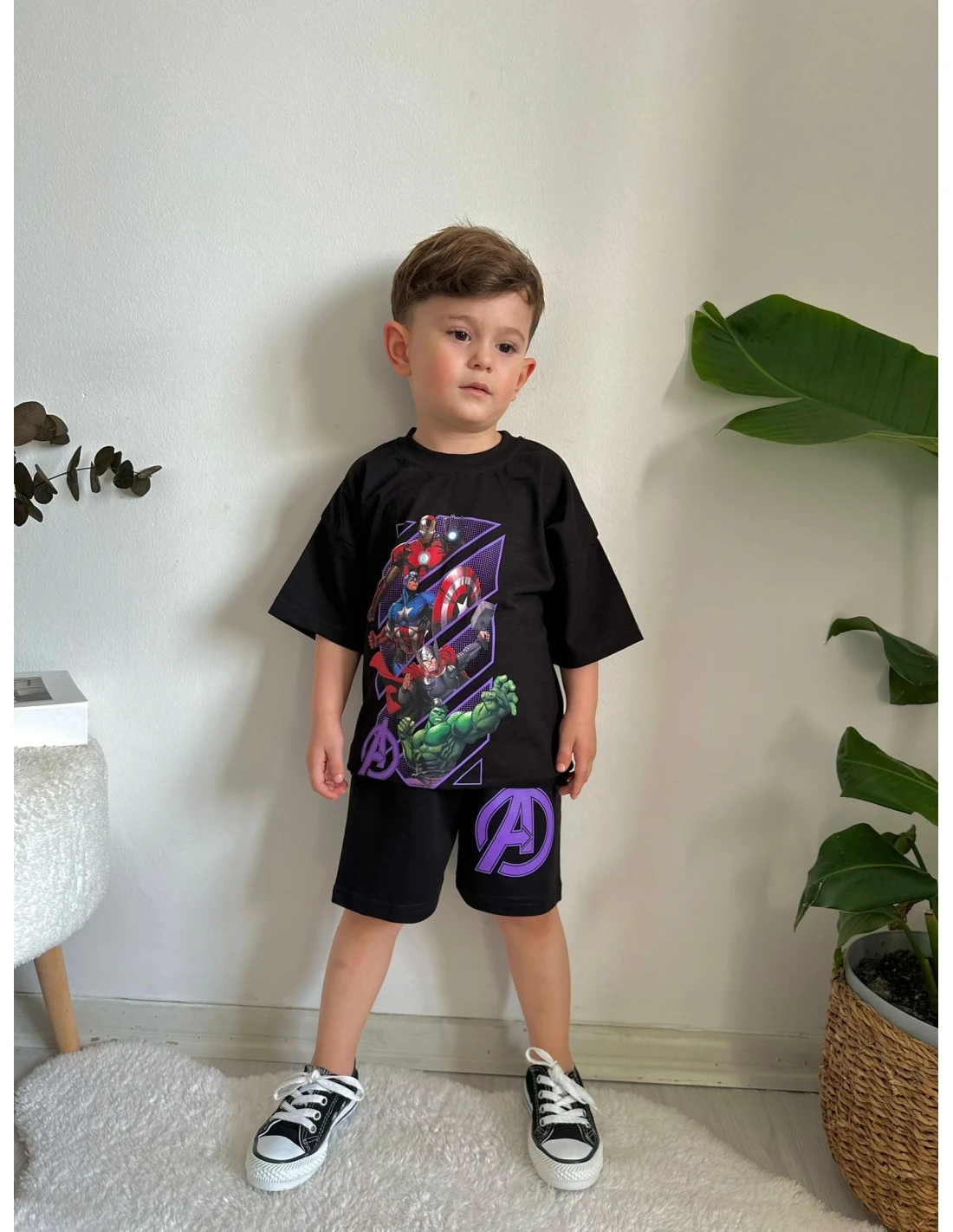 2’li Çizgi Kahramanlı Baskılı Şortlu Takım Erkek