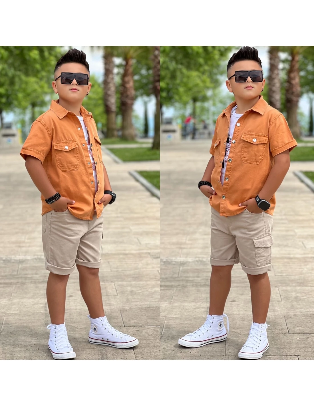 Yazlık Gabardin 3'lü Şortlu & Kahverengi Gömlek Takım Erkek