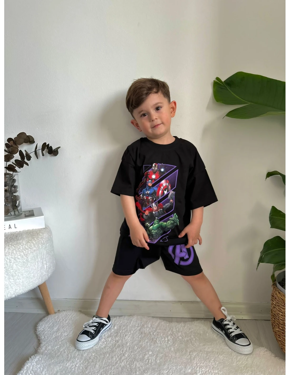 2’li Çizgi Kahramanlı Baskılı Şortlu Takım Erkek