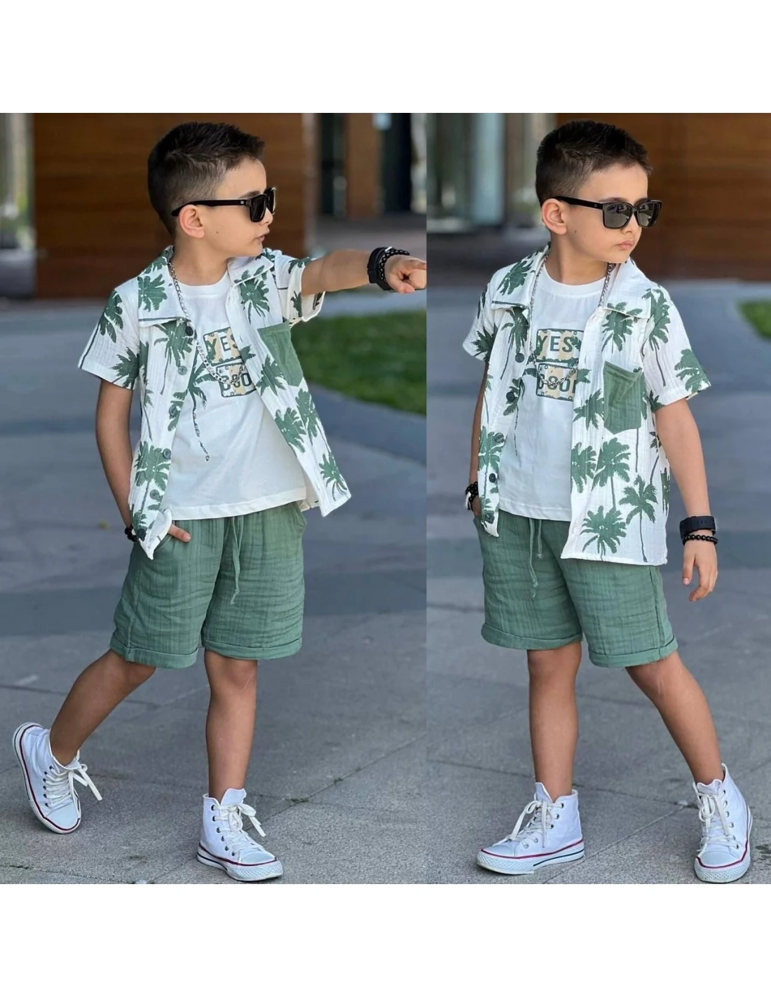 3'lü Yeşil Müslin Şortlu Takım Erkek