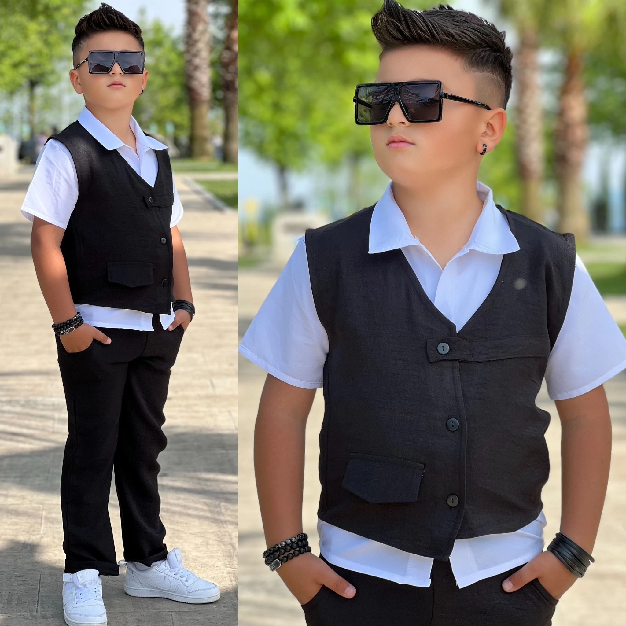 Sofy Keten Yelekli 3'lü Takım (Siyah)