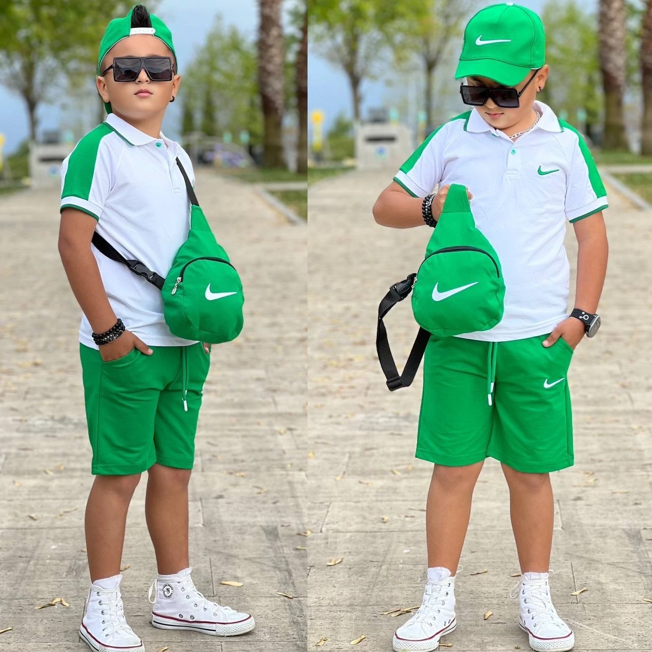 4'lü Şapkalı Çantalı ve Yeşil Şortlu Takım Erkek+