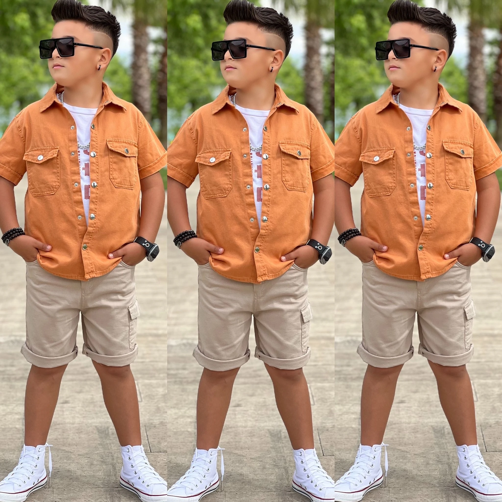 Yazlık Gabardin 3'lü Şortlu & Kahverengi Gömlek Takım Erkek