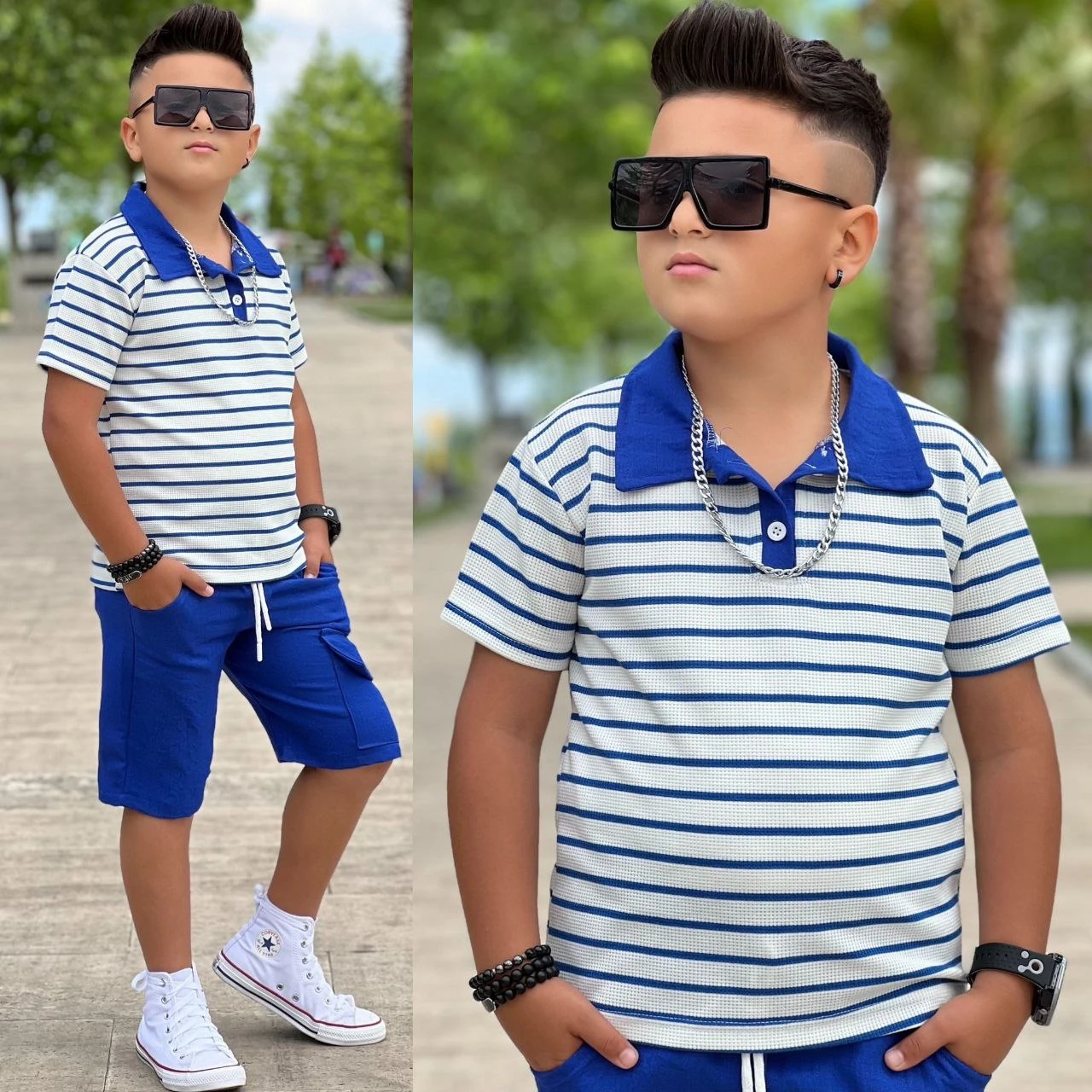 Çizgili Keten Şortlu Takım