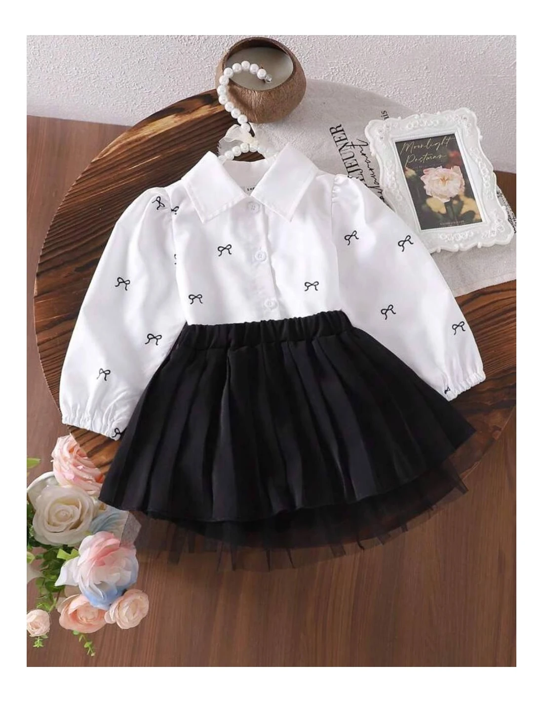 Yeni Sezon 2'li Etek & Fiyonk Baskılı Beyaz Gömlek Takım