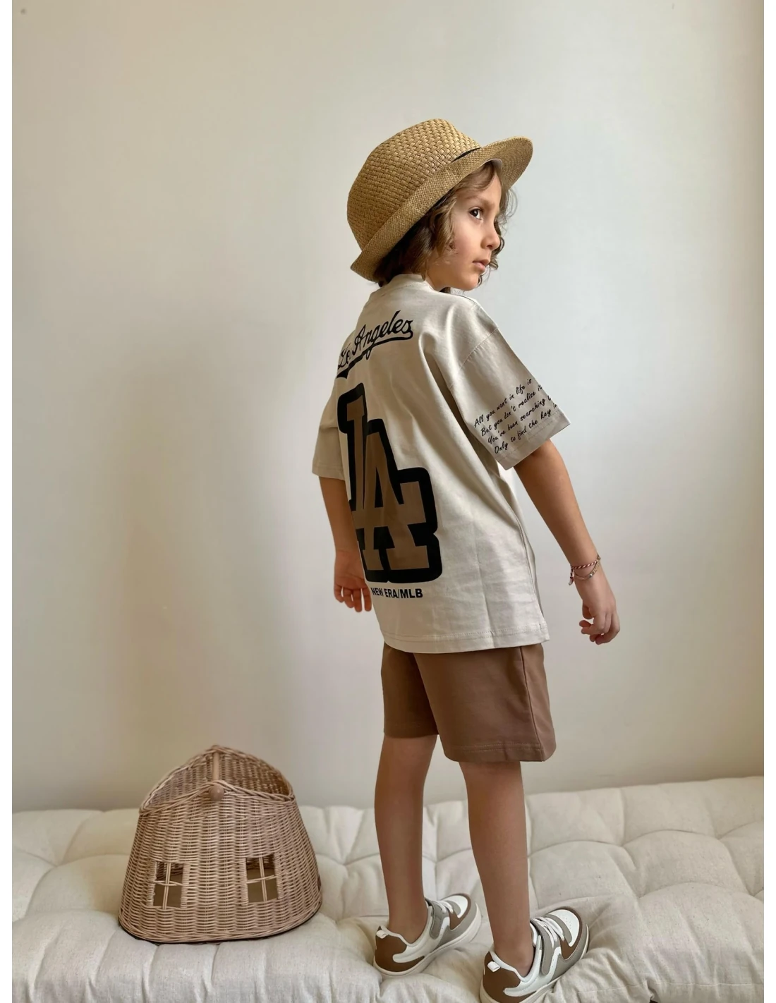 2'li Los Angeles Baskılı Kahverengi Şortlu Takım Erkek