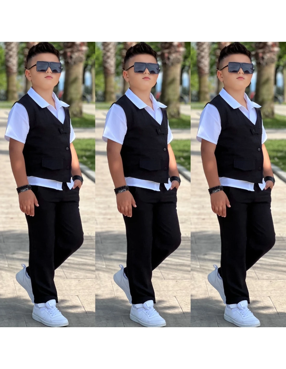 Sofy Keten Yelekli 3'lü Takım (Siyah)