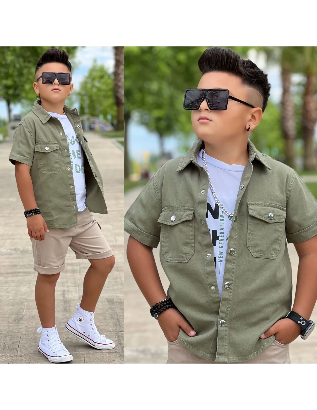 Yazlık Gabardin 3'lü Şortlu & Yeşil Gömlekli Takım