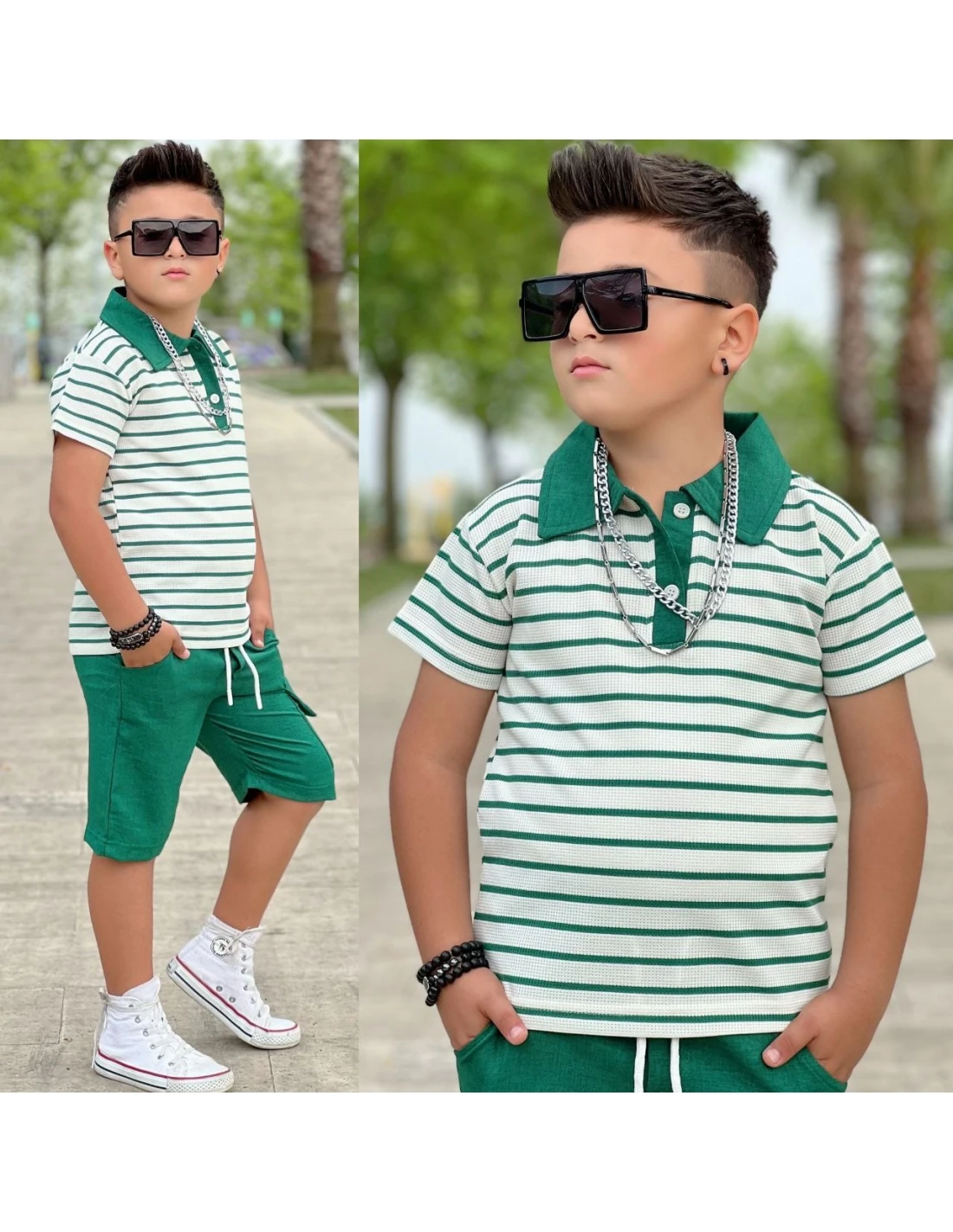 Çizgili Keten Şortlu Takım