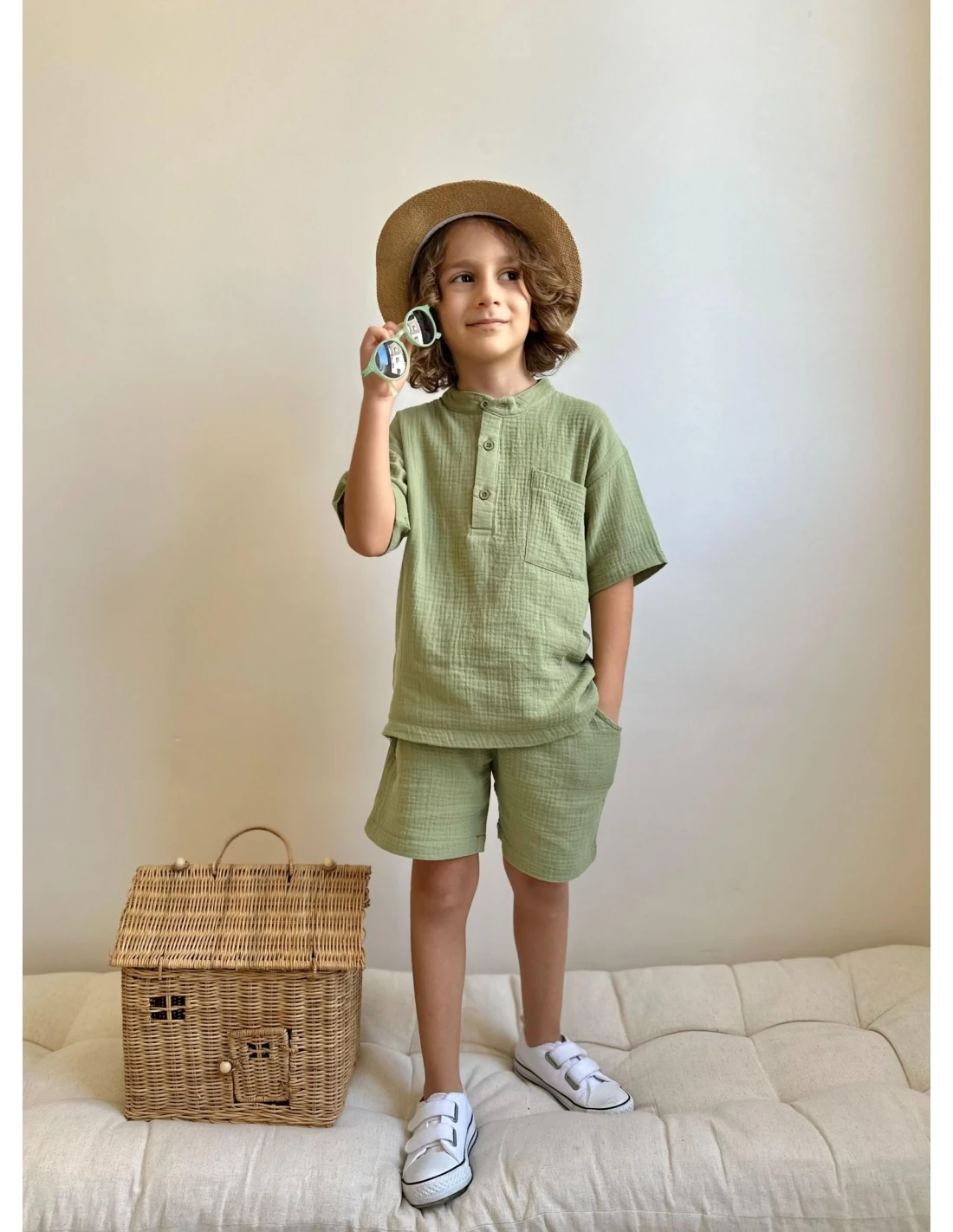 2'li Yeşil Müslin Şortlu Takım Erkek