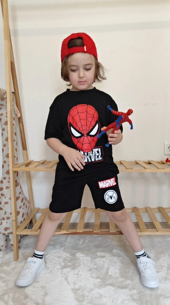 Yeni Sezon 2'li Spiderman Baskılı Şortlu Takım Erkek