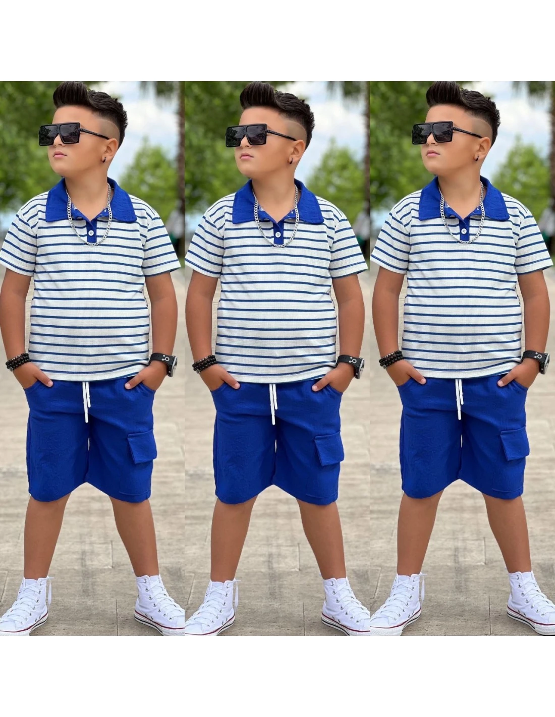 Çizgili Keten Şortlu Takım