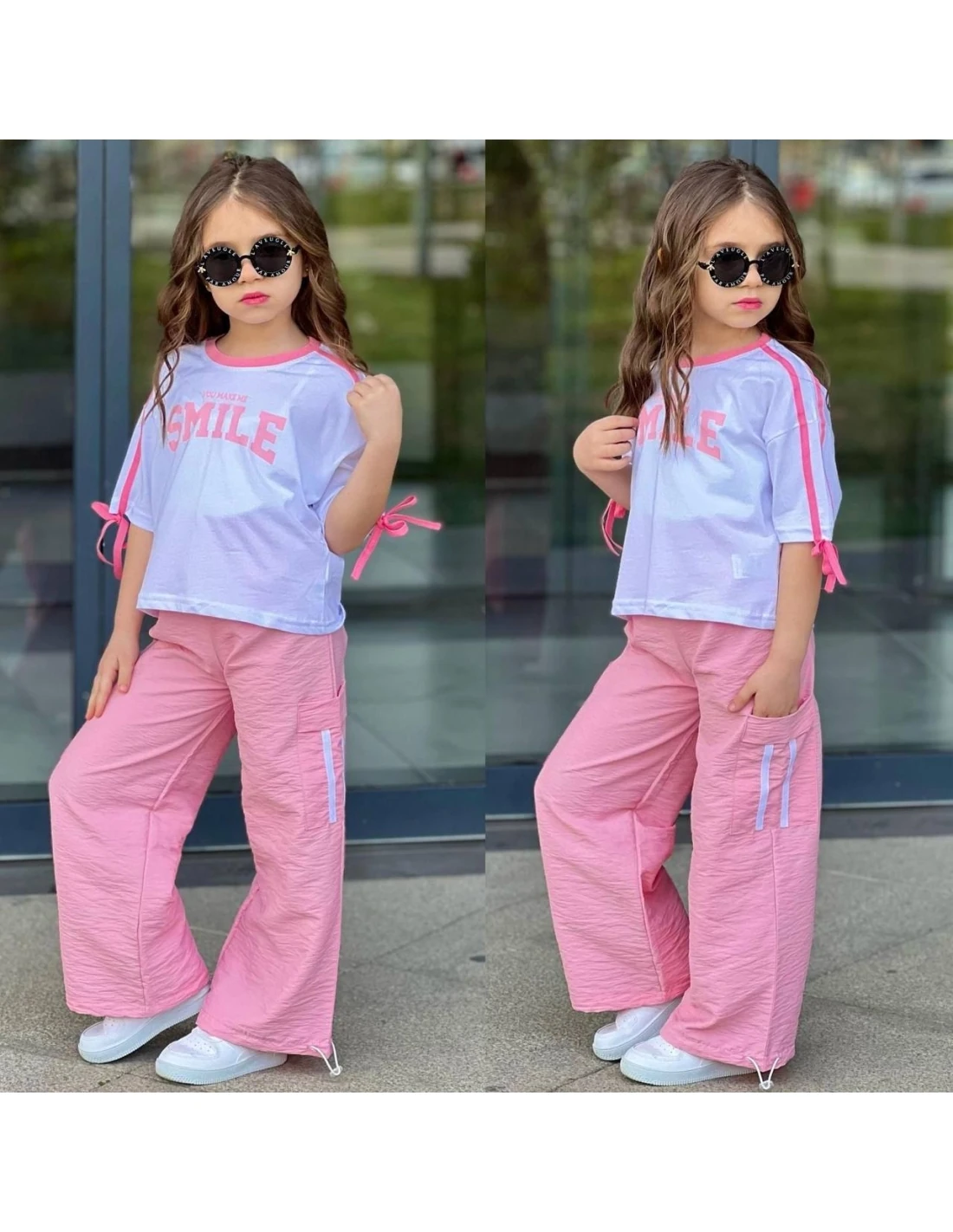 2'li Paraşüt Pantolonlu Smile Baskılı Pembe Takım Kız