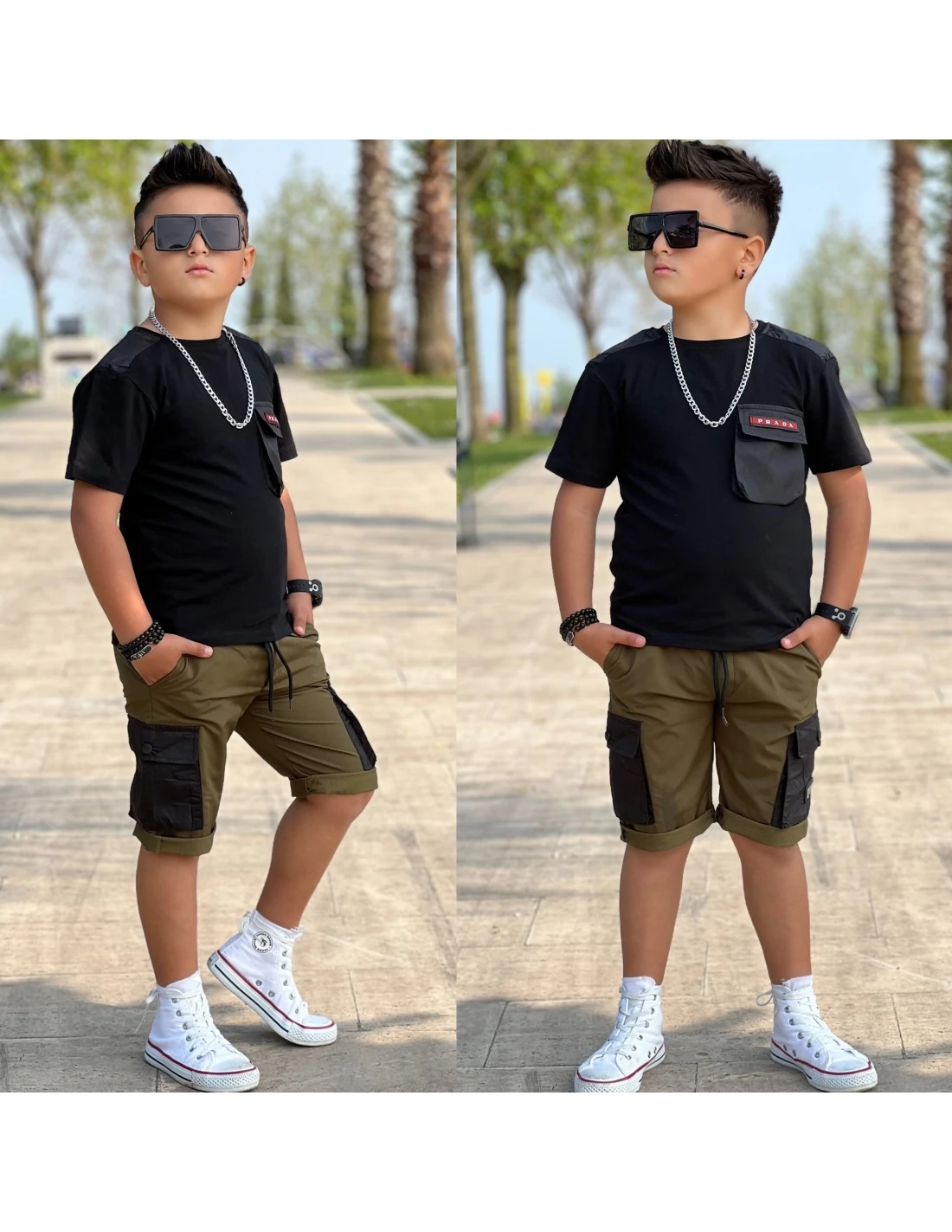 2'li Askeri Yeşil Paraşüt Kumaş Şortlu Takım Erkek