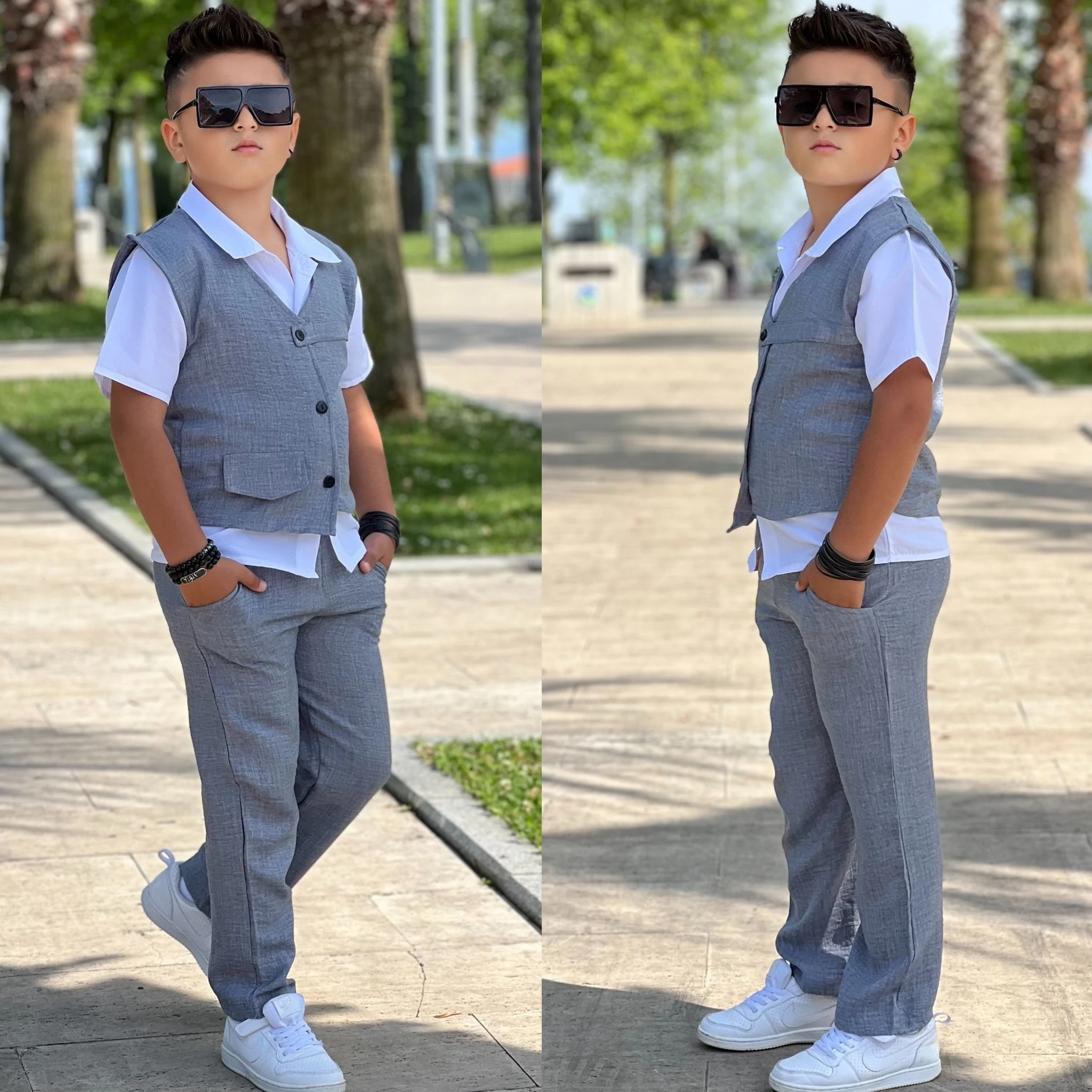 Sofy Keten Yelekli 3'lü Takım (Gri)