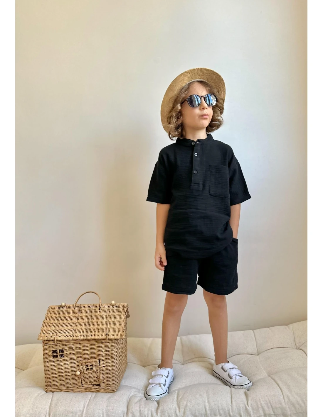 2'li Siyah Müslin Şortlu Takım Erkek