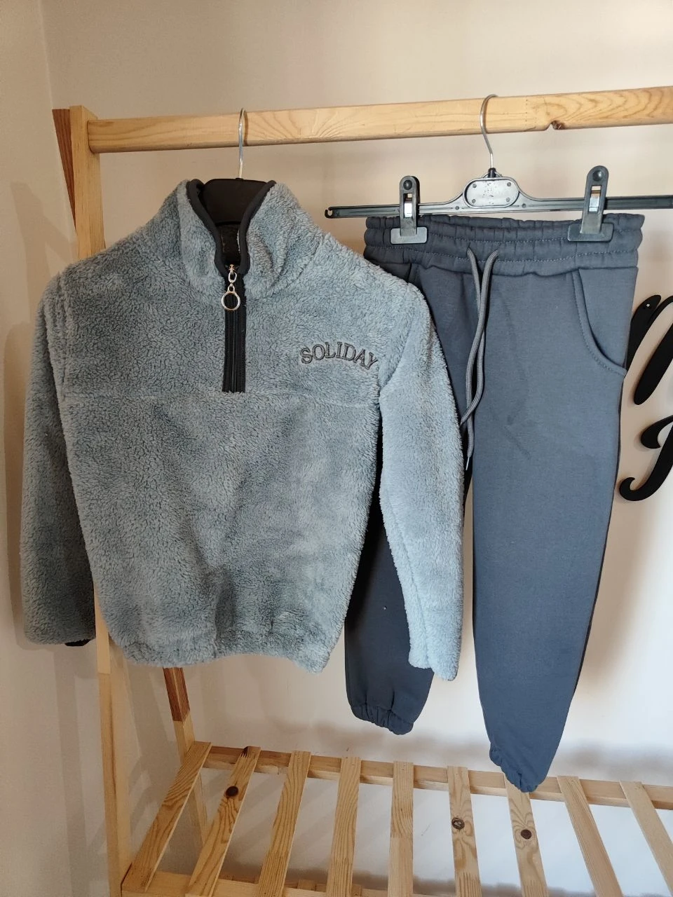 Unisex 2'li Peluş Eşofman Takım (Gri)