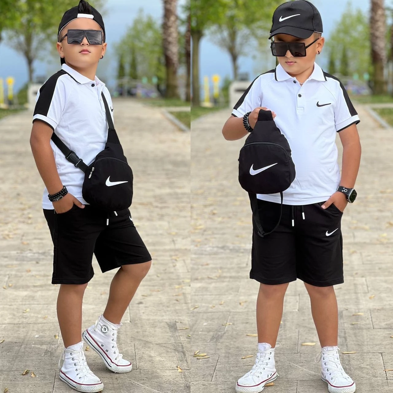 4'lü Şapkalı Çantalı ve Siyah Şortlu Takım Erkek