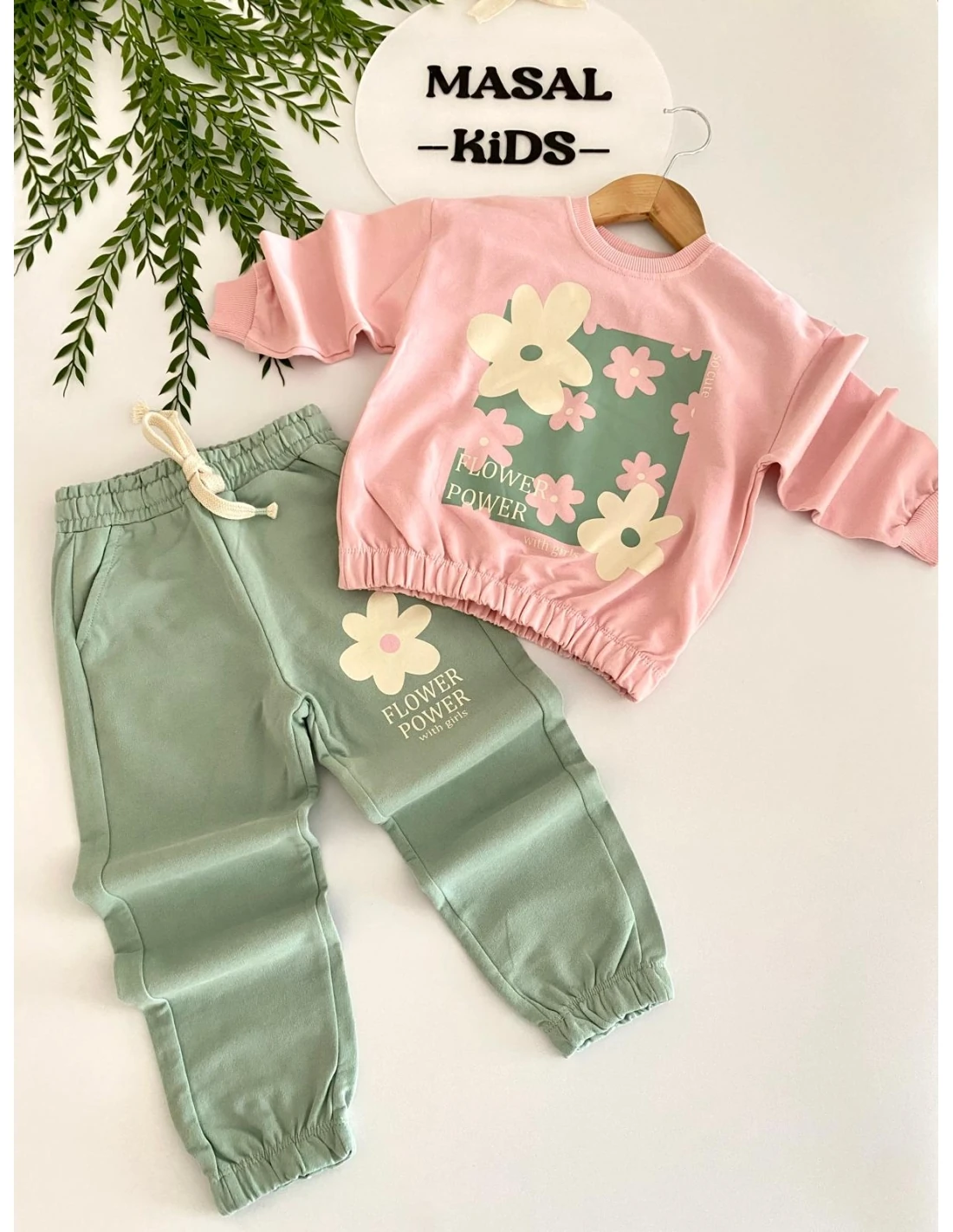 Papatya Desen Pembe-Yeşil İkili Kız  Takım