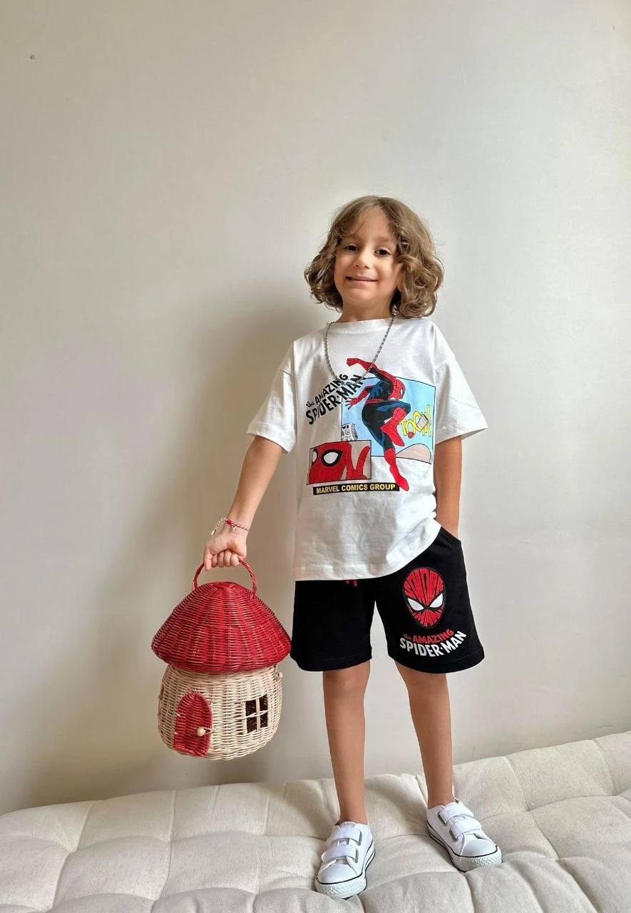 Yeni Sezon 2'li Spıderman Baskılı Şortlu Takım Erkek