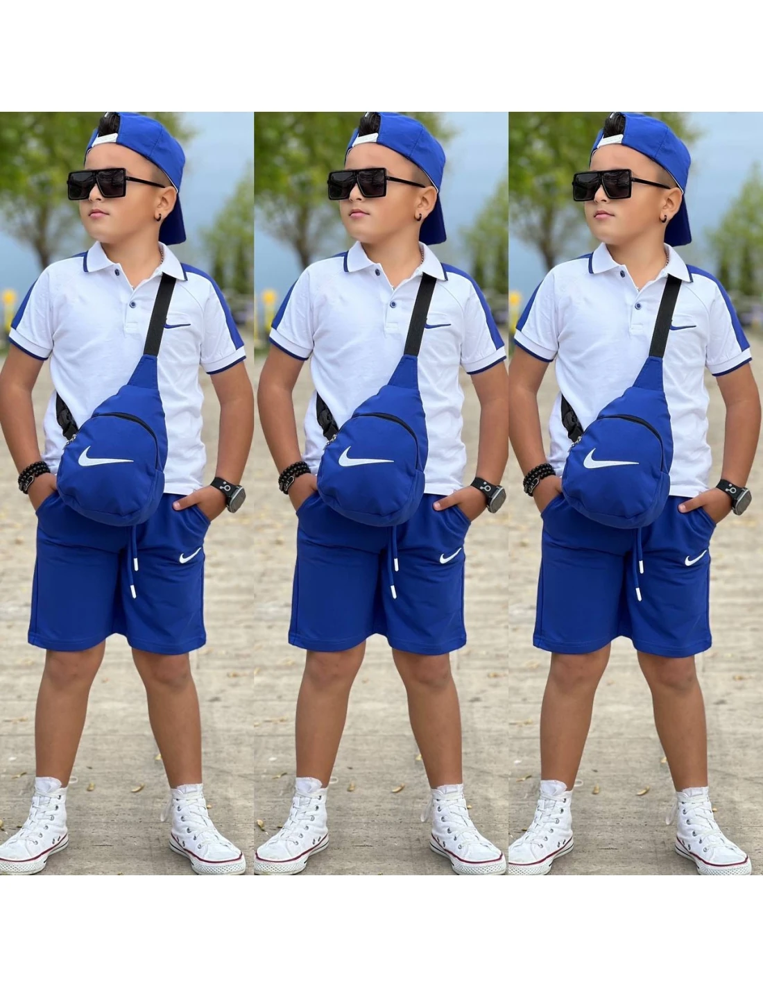 4'lü Şapkalı Çantalı Ve Lacivert Şortlu Takım Erkek