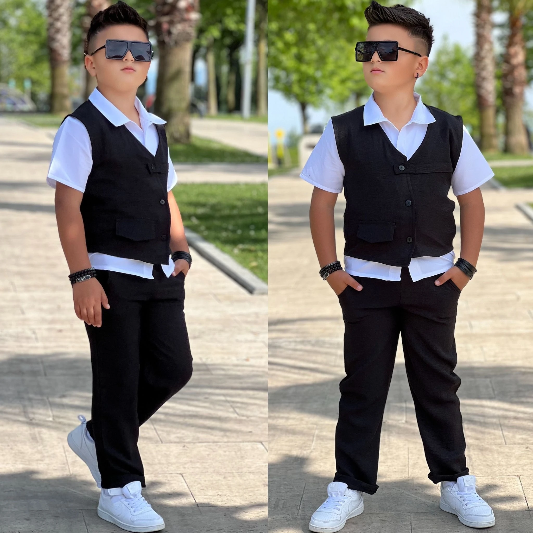 Sofy Keten Yelekli 3'lü Takım (Siyah)