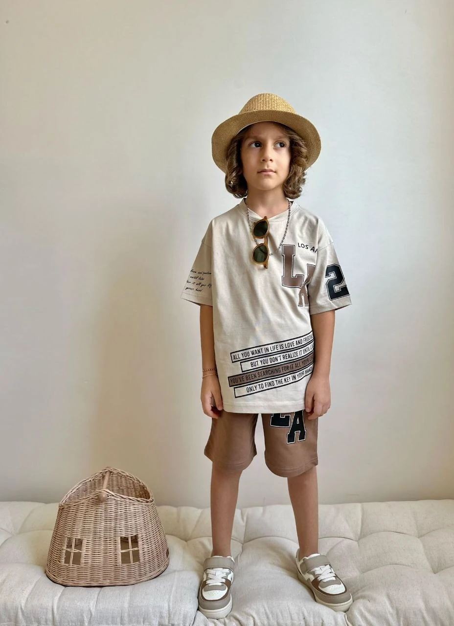 2'li Los Angeles Baskılı Kahverengi Şortlu Takım Erkek
