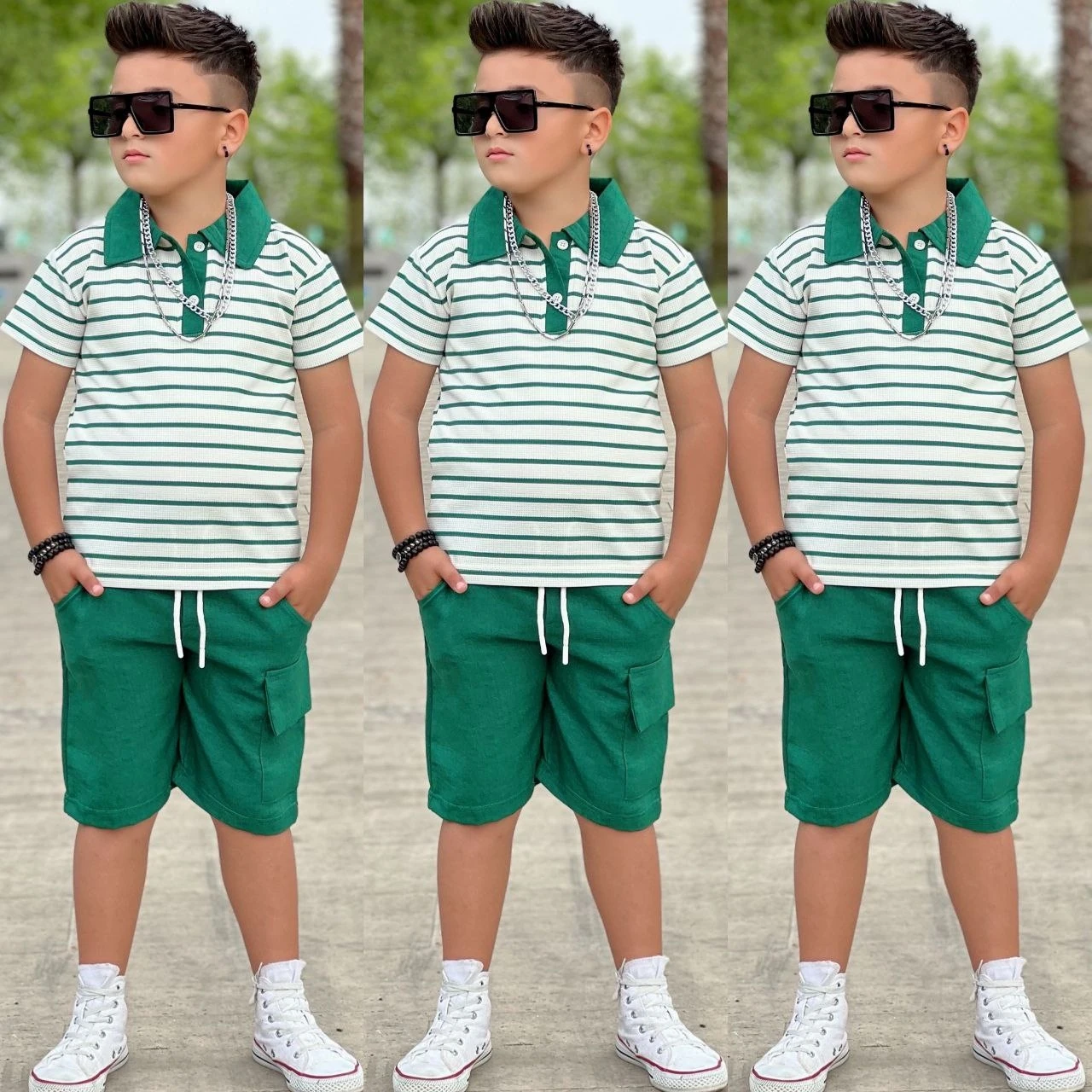 Çizgili Keten Şortlu Takım