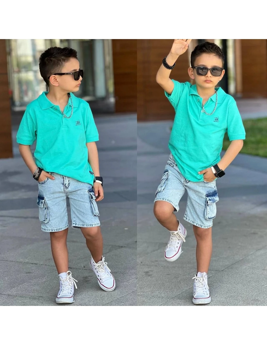 2'li Kot Şort & Su Yeşili Tişört Takım Erkek