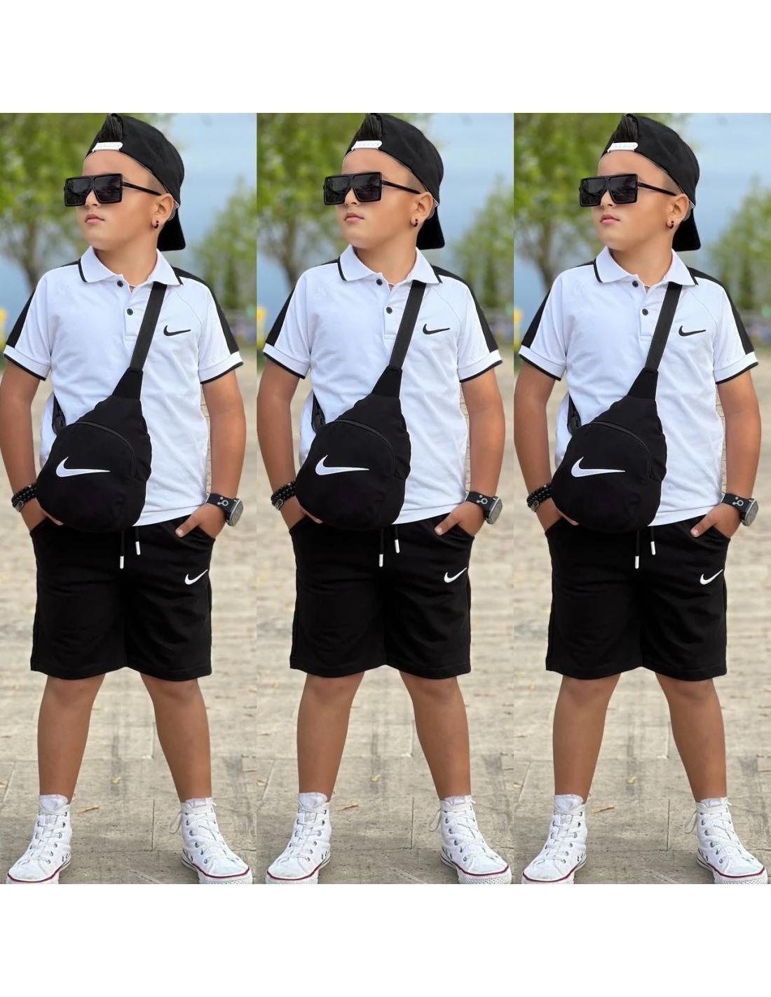 4'lü Şapkalı Çantalı ve Siyah Şortlu Takım Erkek