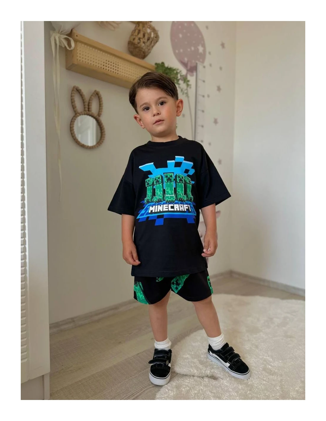 2'li Mavi Minecraft Baskılı Şortlu Takım Erkek