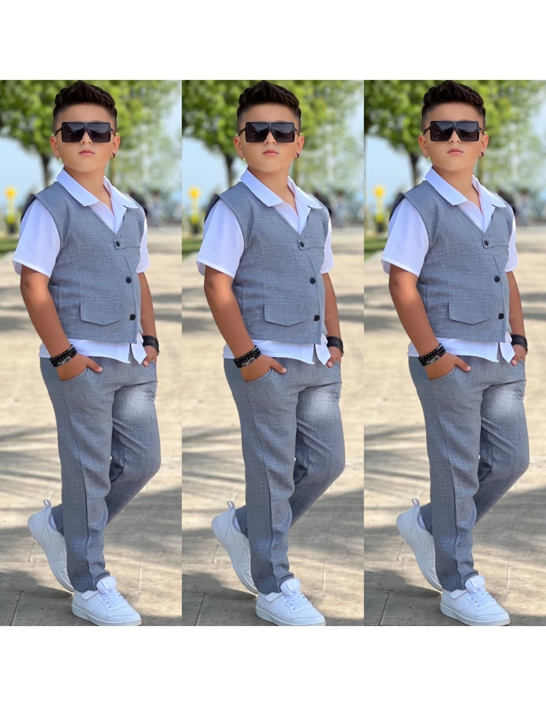 Sofy Keten Yelekli 3'lü Takım (Gri)