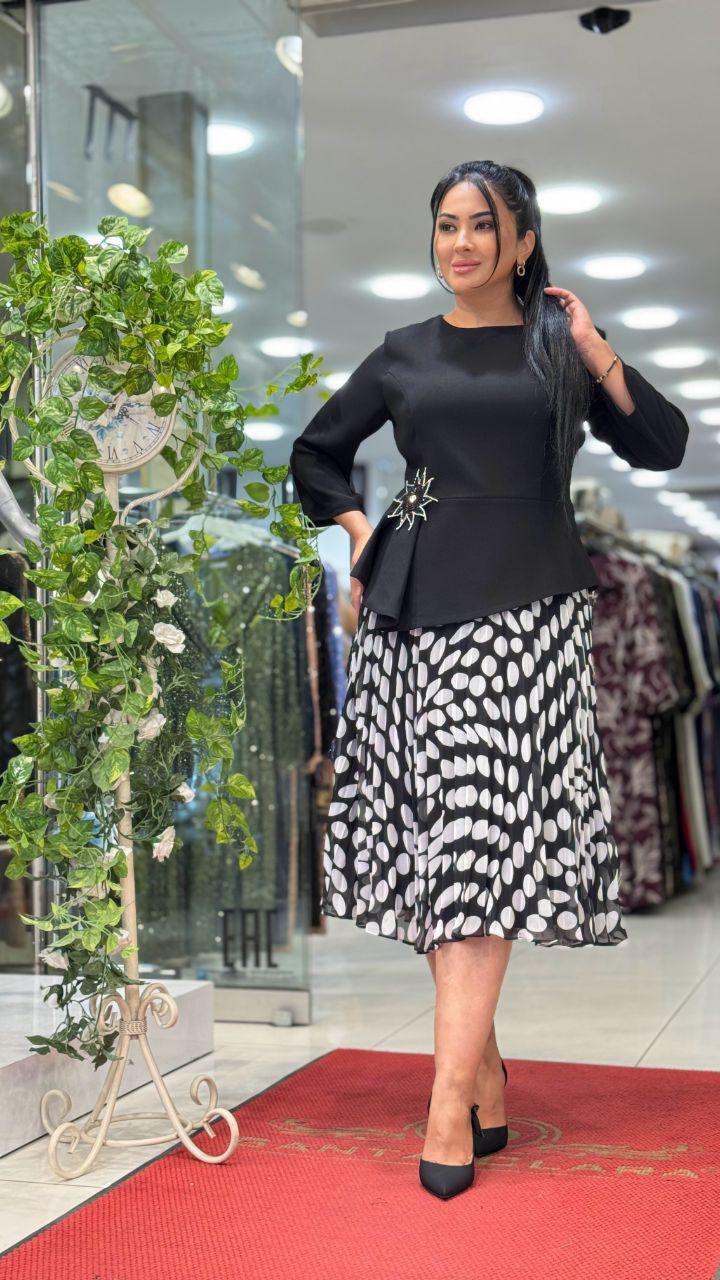 26119 Puantiye Desenli Şifon Etekli Takım Görünümlü Abiye