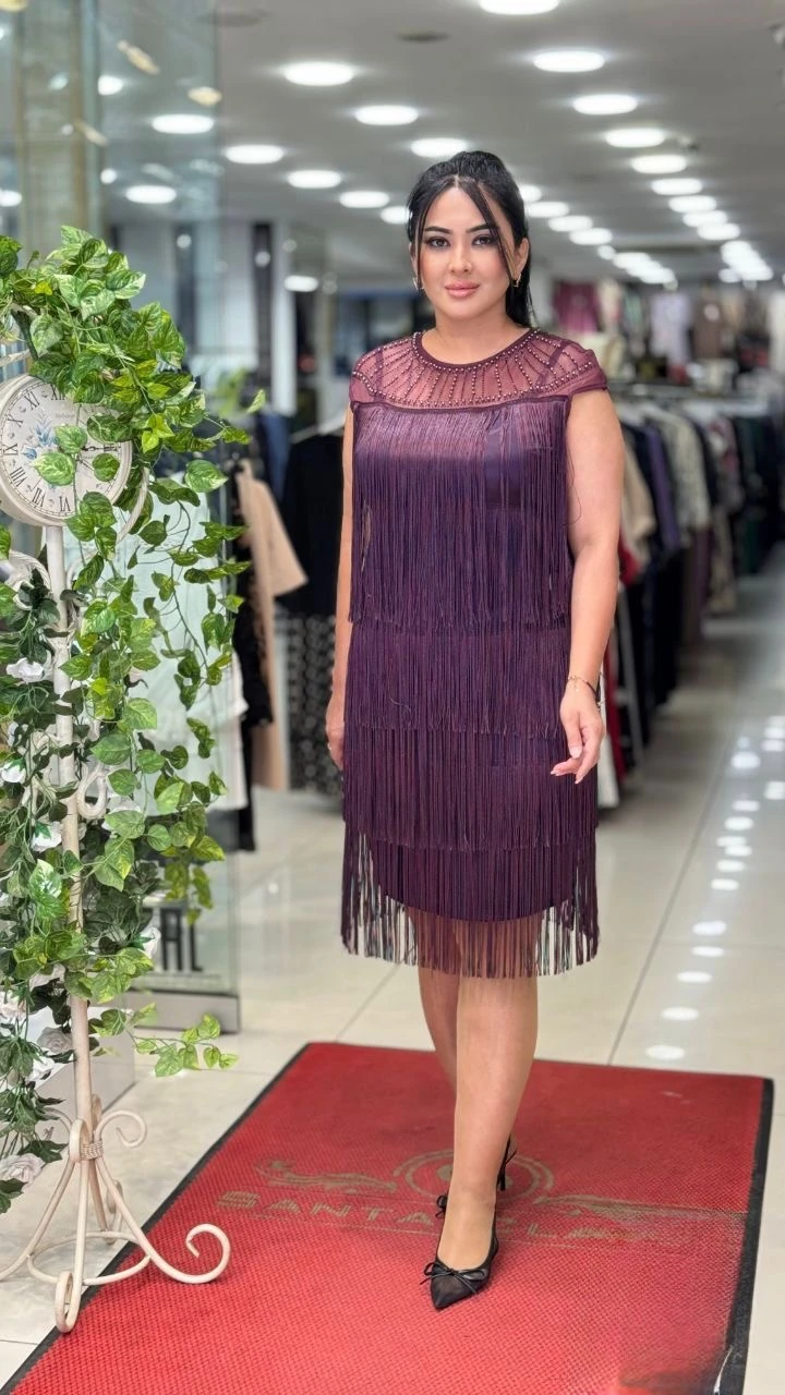 25528 Püskül Detaylı Midi Abiye Elbise