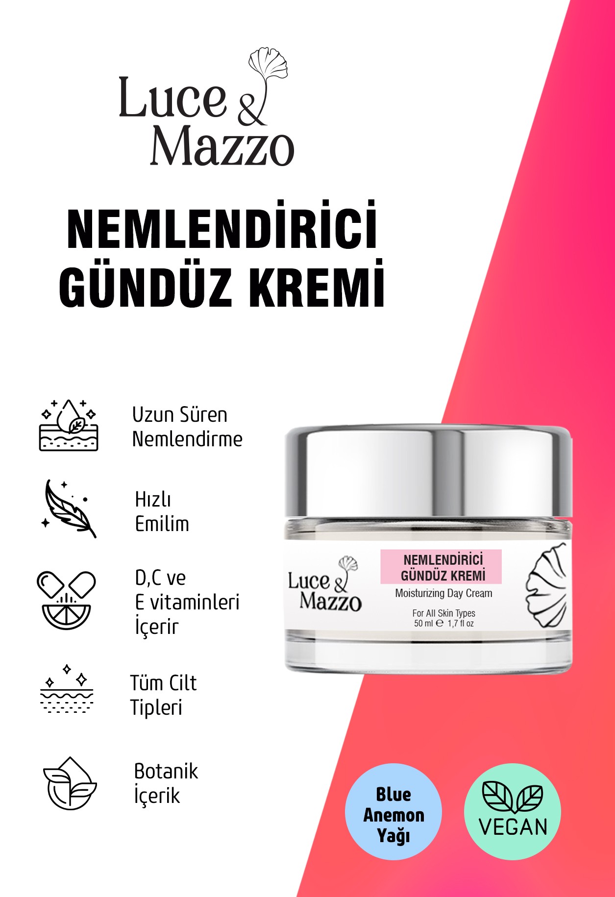 Nemlendirici Gündüz Kremi 5o ml - Doğal İçerikli Hızlı Emilim Vitamin Destekli