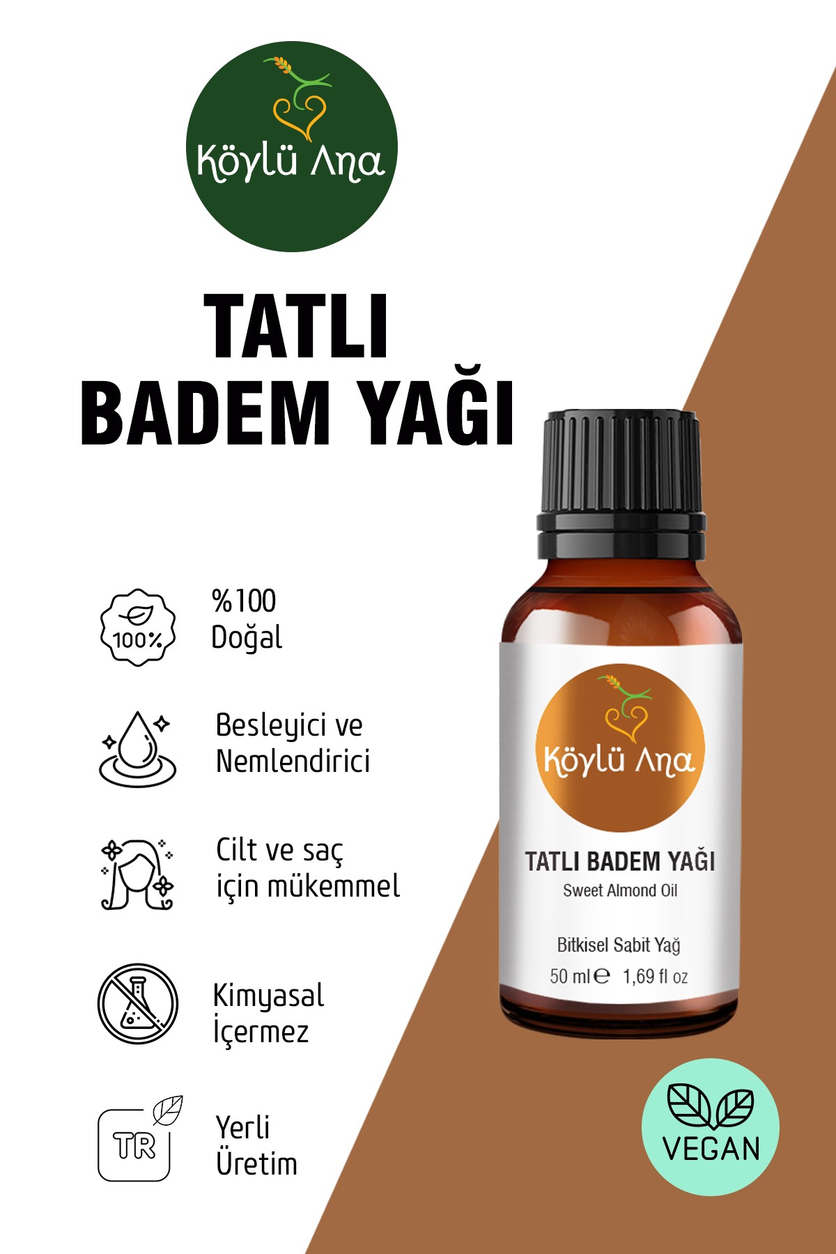 Tatlı Badem Yağı 50 ml - %100 Saf Soğuk Sıkım Cilt Ve Saç Bakımı Için Doğal Nemlendirici