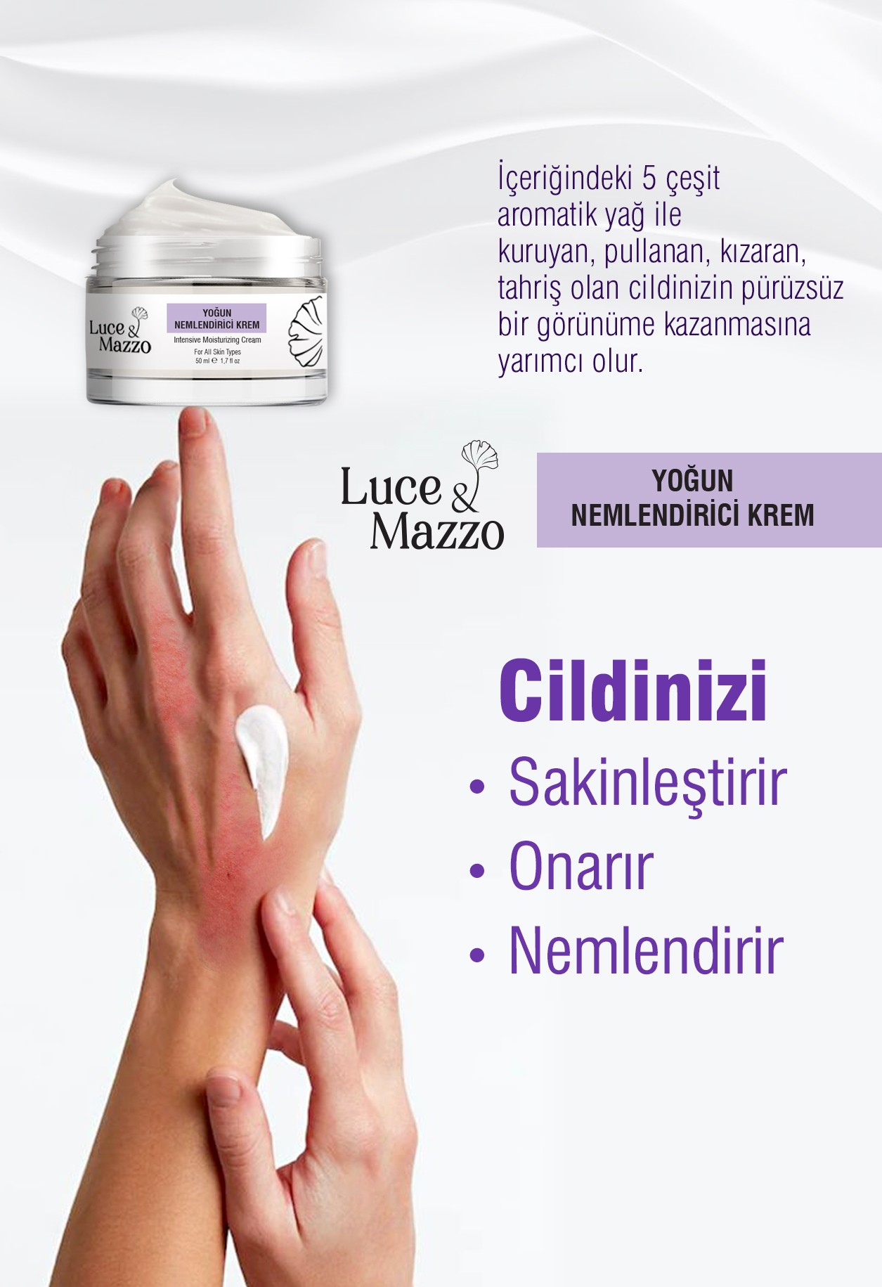 Yoğun Nemlendirici Krem 50 ml Organik İçerikli 5 Aromatik Yağlı Hızlı Emilim Ekstra Nemlendirme