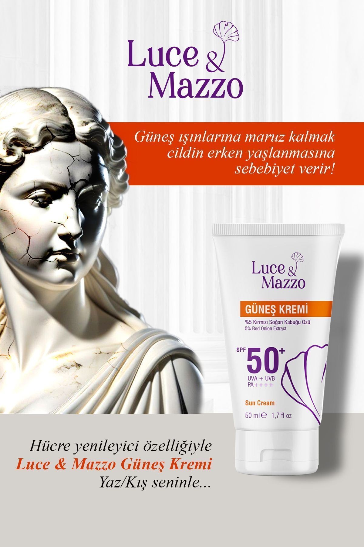 Yüksek Koruma SPF 50+ Yüz Vücut Güneş Kremi 50 ml- Mineral Bazlı Yağsız Besleyici Koruma