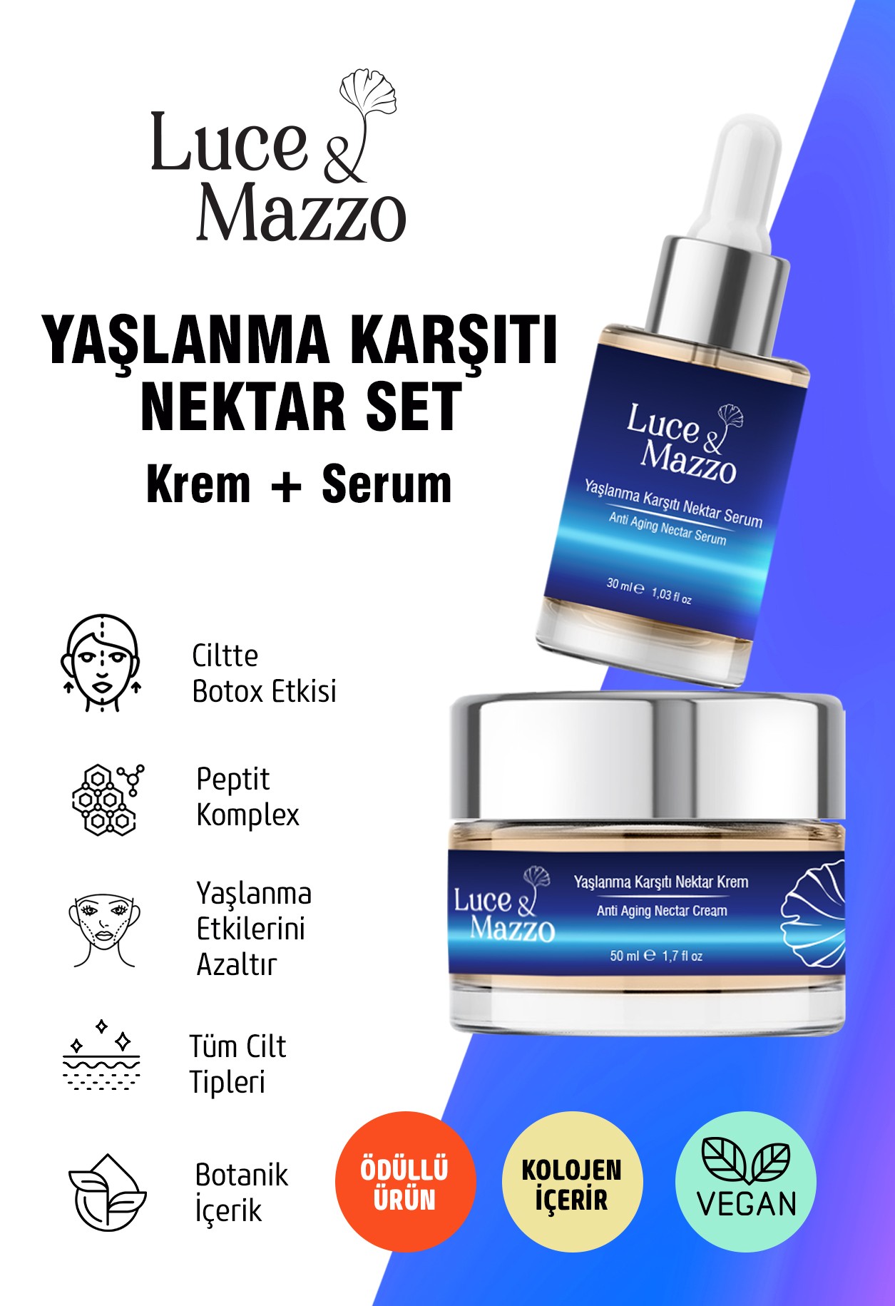 Anti Aging Nektar Seti - 50 ml Krem 30 ml Serum Kırışıklık Göz Çevresi Bakımı Onarımı