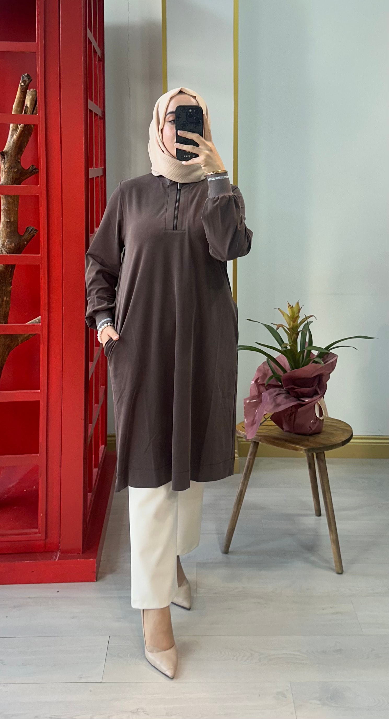Örme Softy Modal Kol ve Yaka Ribanalı Spor Araboy Tunik-Kahve