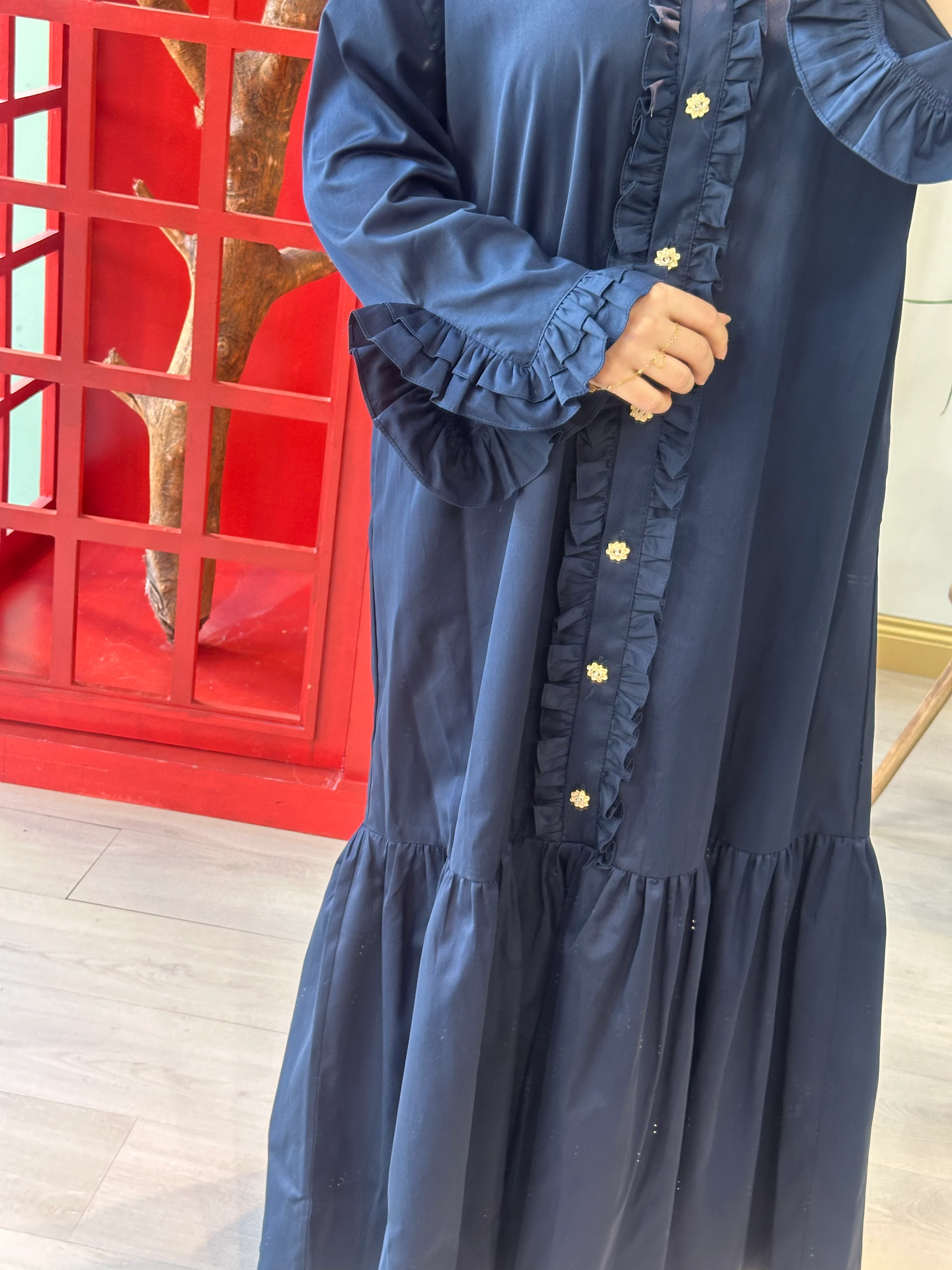 Ghisa Fırfır Detaylı Elbise BORDO/LACİVERT