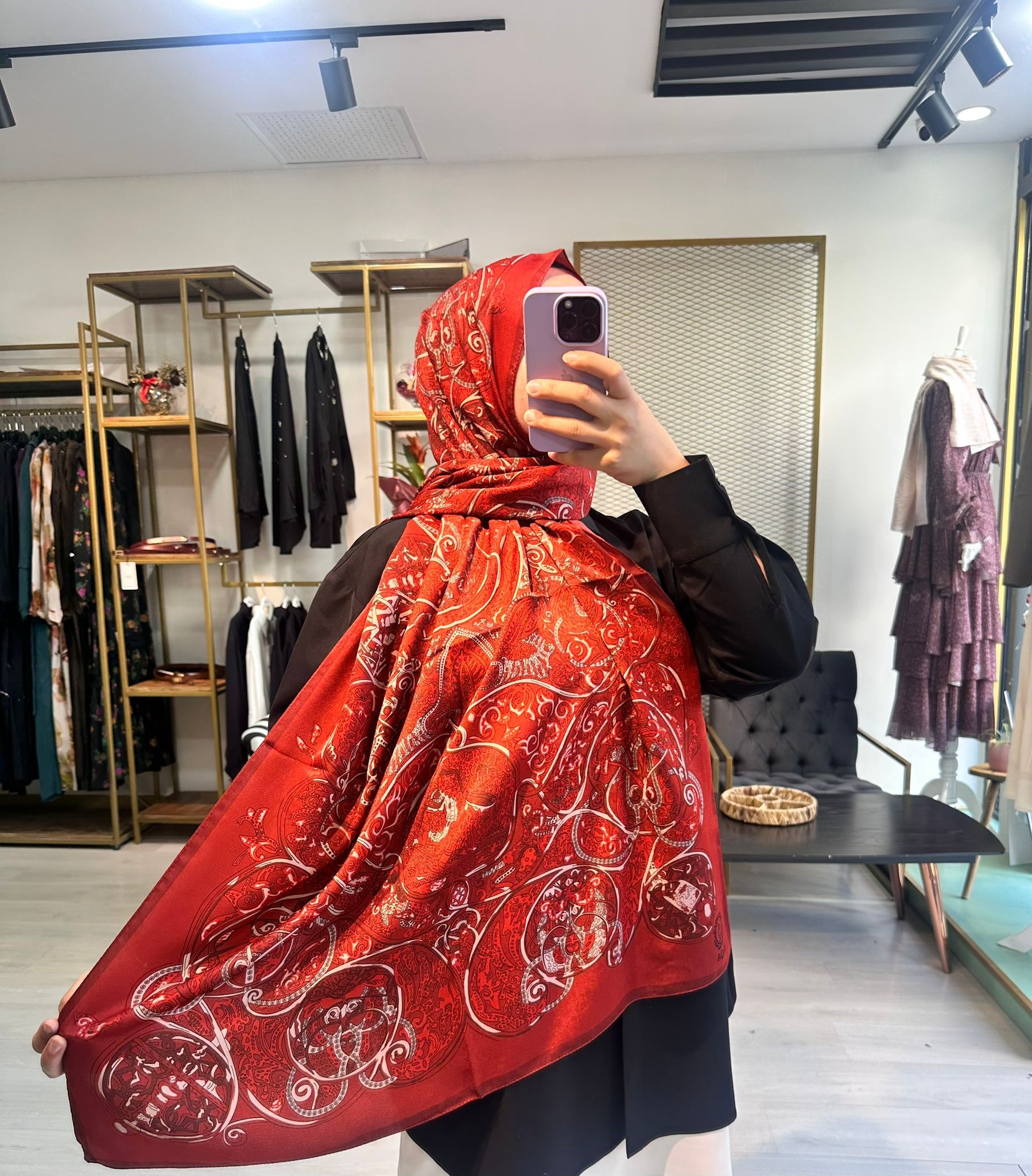 Kırmızı  desen retro şal